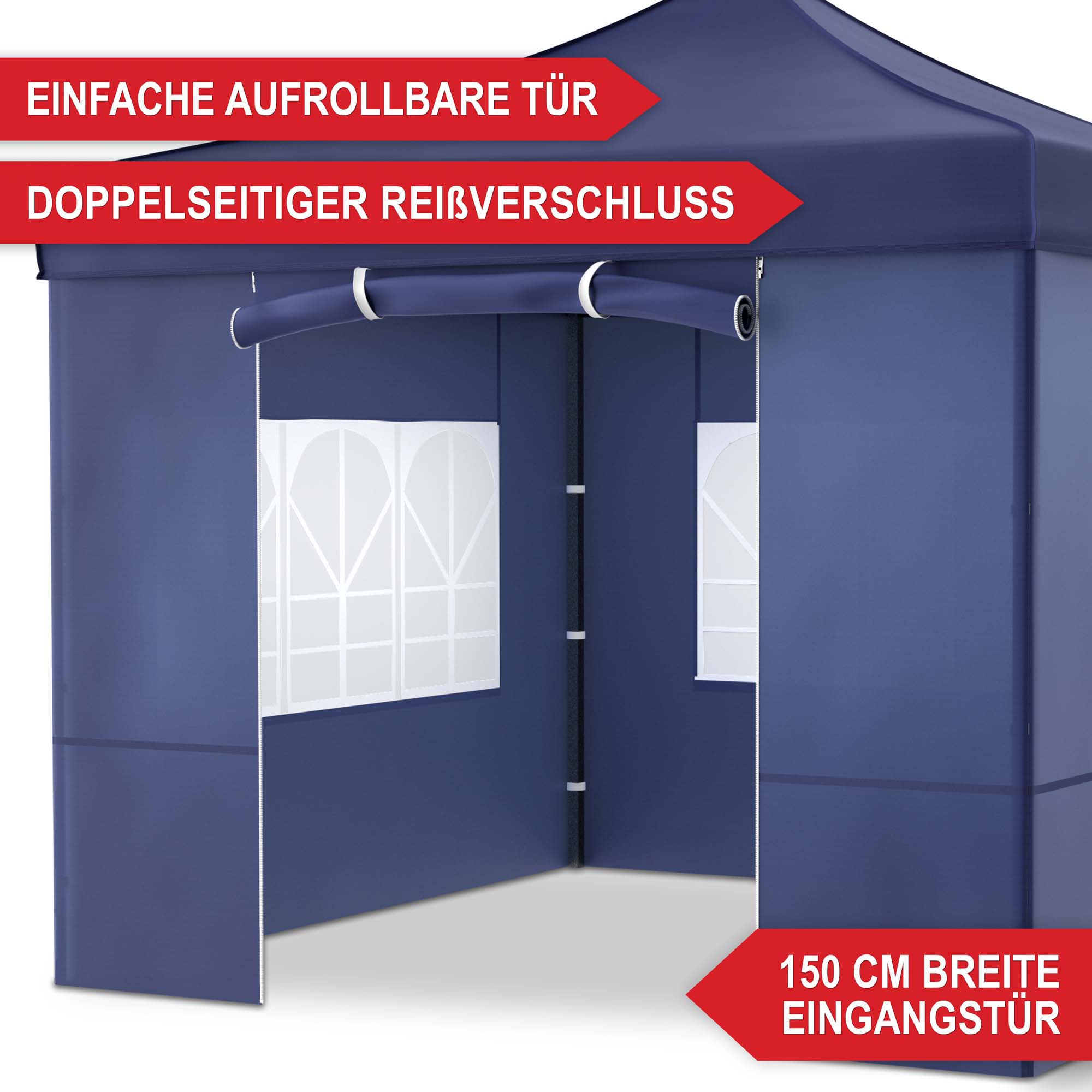 Einfache aufrollbare Tür - doppelseitiger Reißverschluss - 150 cm breite Eingangstür - Pavillon blau - Schutzdach - Festzelt - Gartenpavillon - Zelt - Eventzelt - Partyzelt - Regenschutz - Sonnenschutz - Überdachung