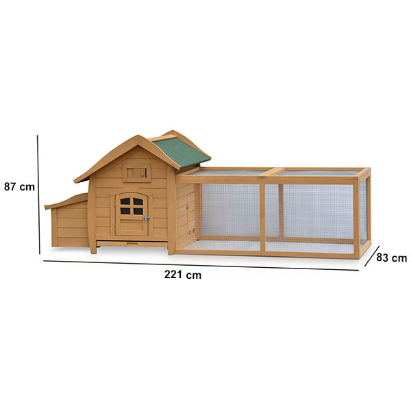 Hühnervoliere Gockel aus Holz mit den Maßen 221 cm Länge 83 cm Breite und 87 cm Höhe mit integriertem Stall und großem Drahtgehege ideal für die Hühnerhaltung im Garten