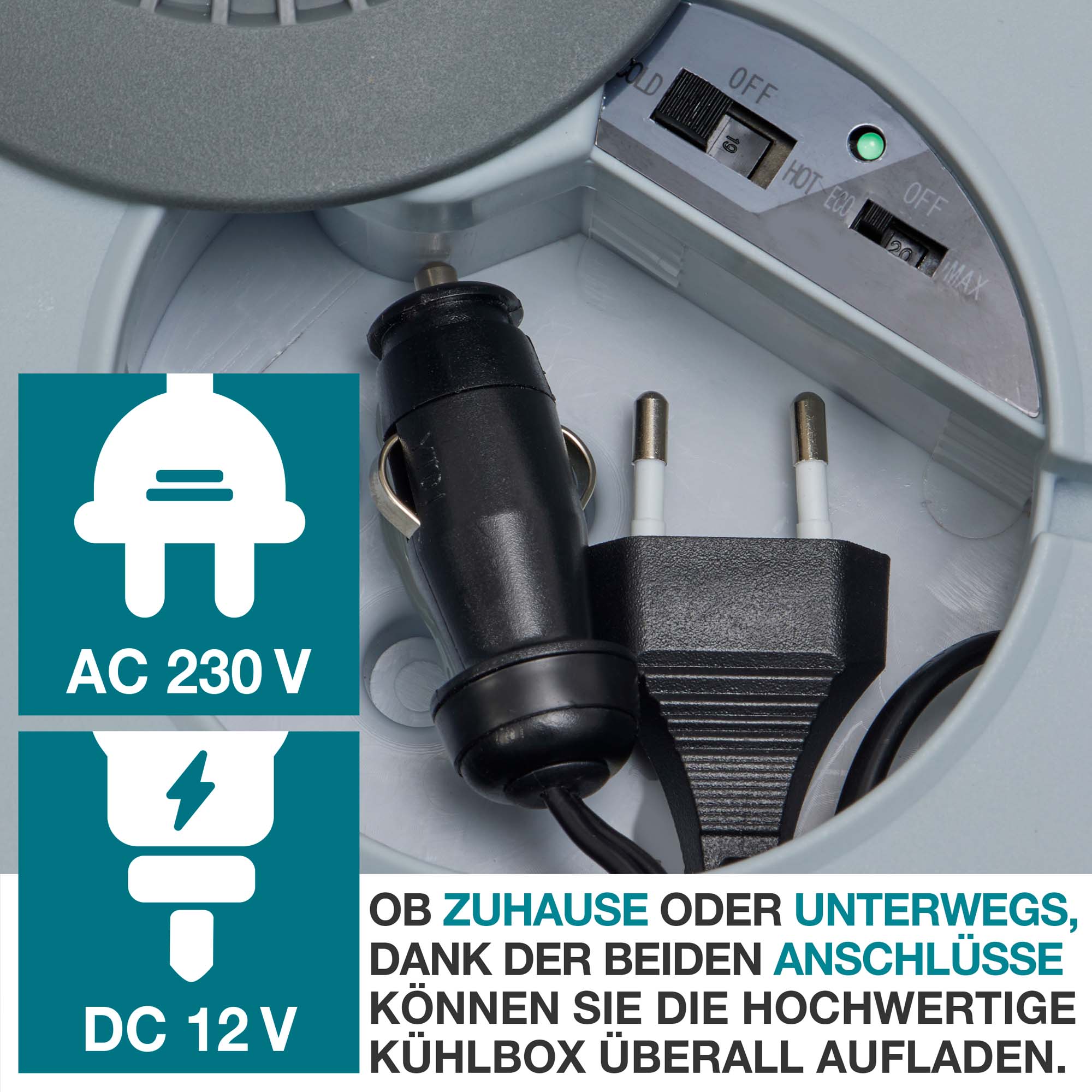 Kühlbox - Getränkekühler - AC 230 V und DC 12 V Anschlüsse - Kühlbehälter - 2-in-1 Kühler - Thermobox grau