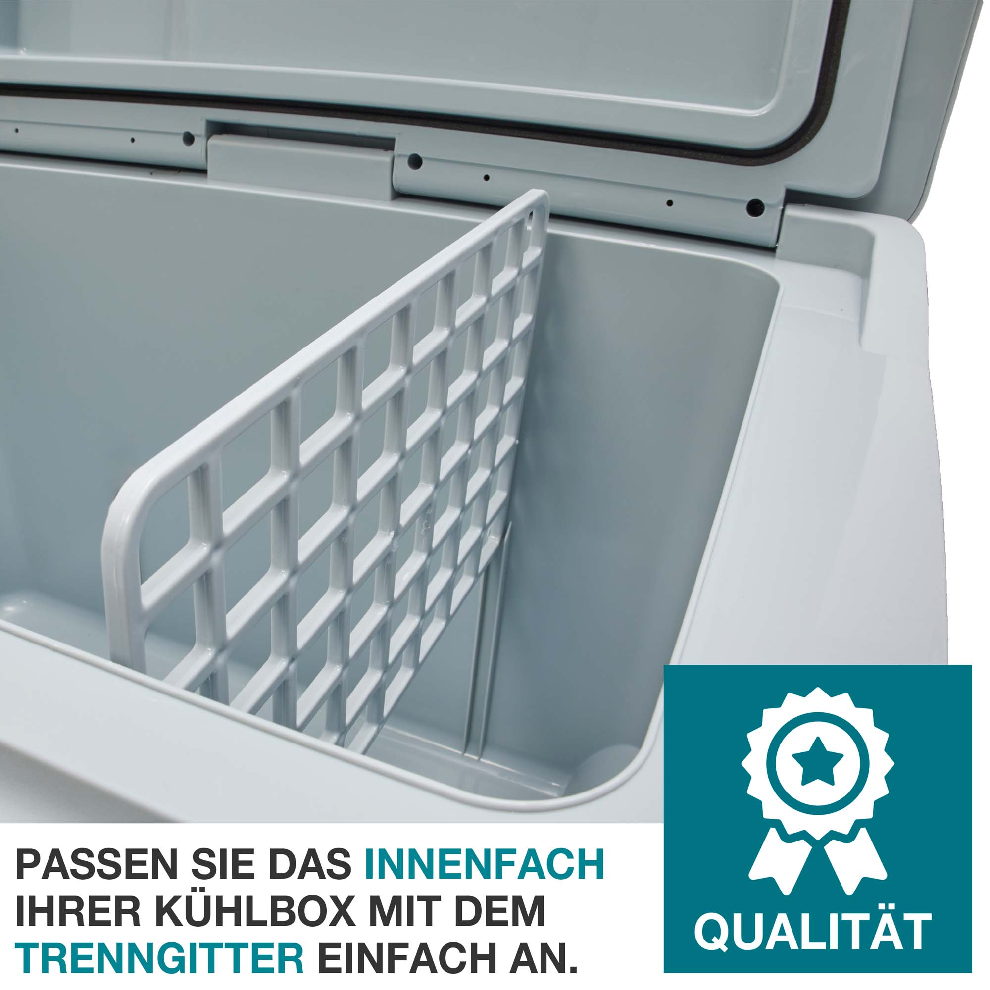 Kühlbox grau - Trennwand für flexible Aufteilung - Kühler für Getränke - Thermobox - Praktische Trenngitter - Hochwertige Verarbeitung - Anpassen des Innenfachs