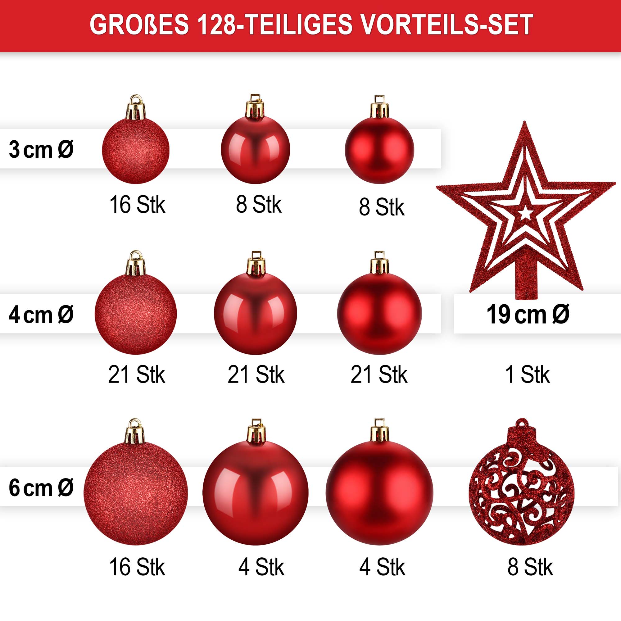 128 teiliges Weihnachtskugeln set in 3 groessen rot