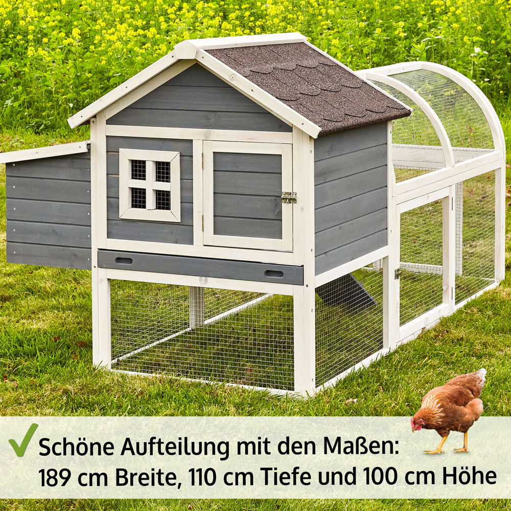 Hühnervoliere Hühnerglück mit schöner Aufteilung und den Maßen 189 cm Breite 110 cm Tiefe und 100 cm Höhe bietet deinen Hühnern ein komfortables und sicheres Zuhause im Garten