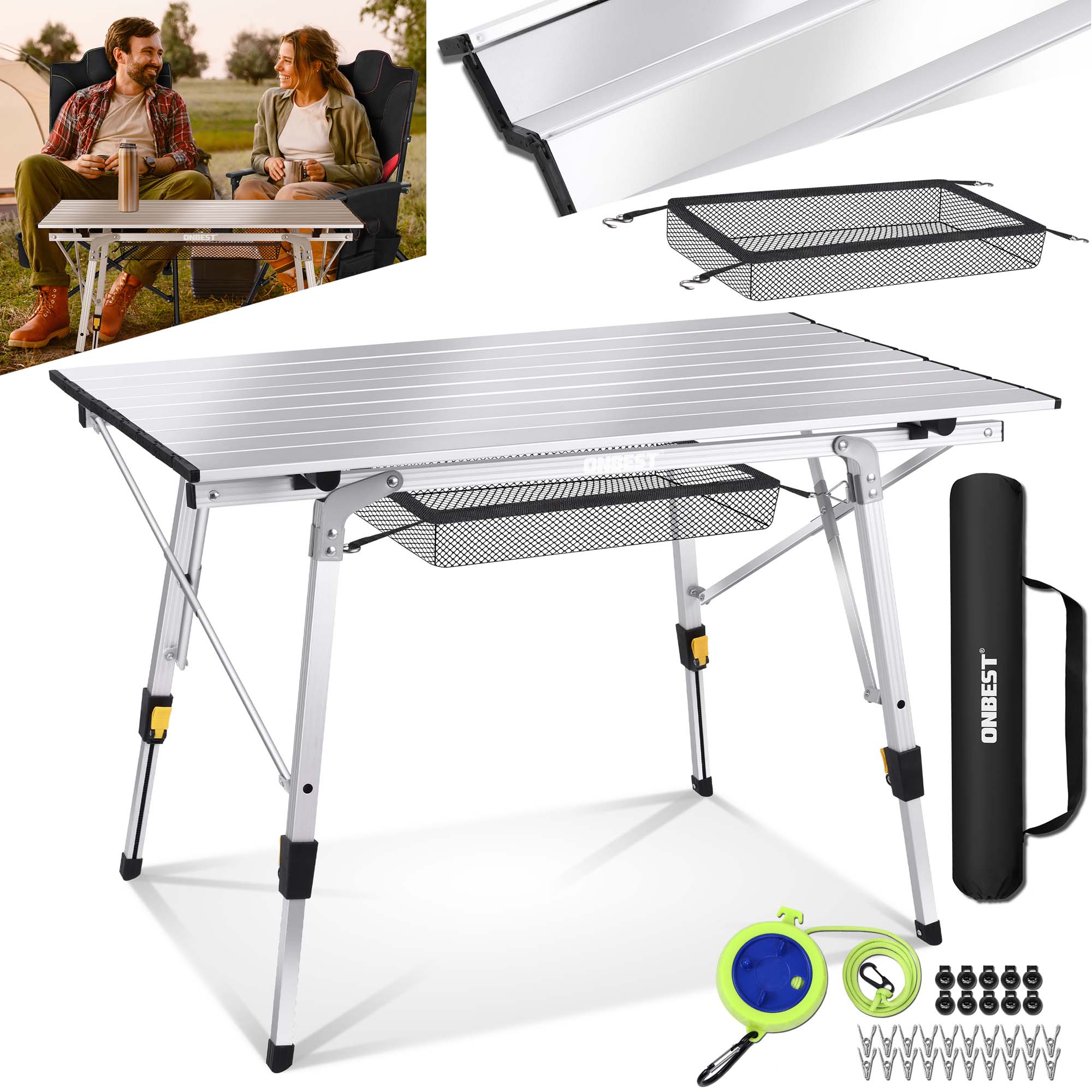 Aluminium Campingtisch - Praktische Netzablage - Klappbar und tragbar - Inklusive Camping Wäscheleine und Zubehör