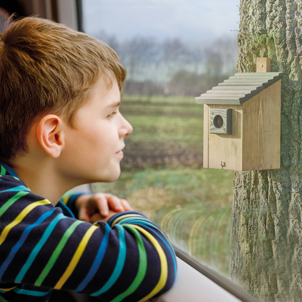 Der Nistkasten ermöglicht es die Natur hautnah zu erleben indem man die Vögel direkt vom Fenster aus beobachten kann während sie ein sicheres Zuhause im Garten finden