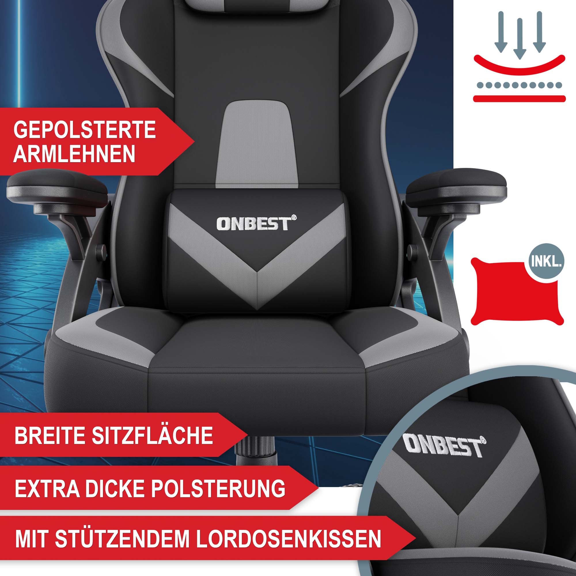 Gaming Stuhl schwarz-grau mit gepolsterten Armlehnen breiter Sitz extra dick gepolstert stützendes Lordosenkissen inklusive