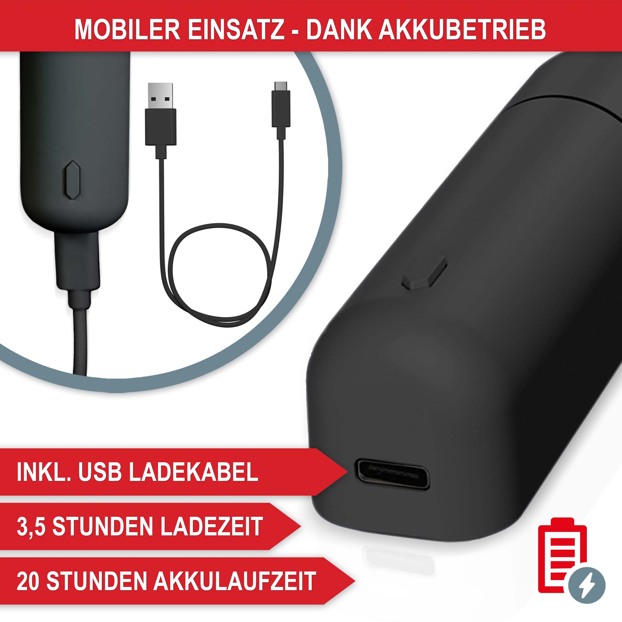 Akkubetrieb inklusive USB Ladekabel 3,5 Stunden Ladezeit 20 Stunden Akkulaufzeit Aromadiffuser schwarz