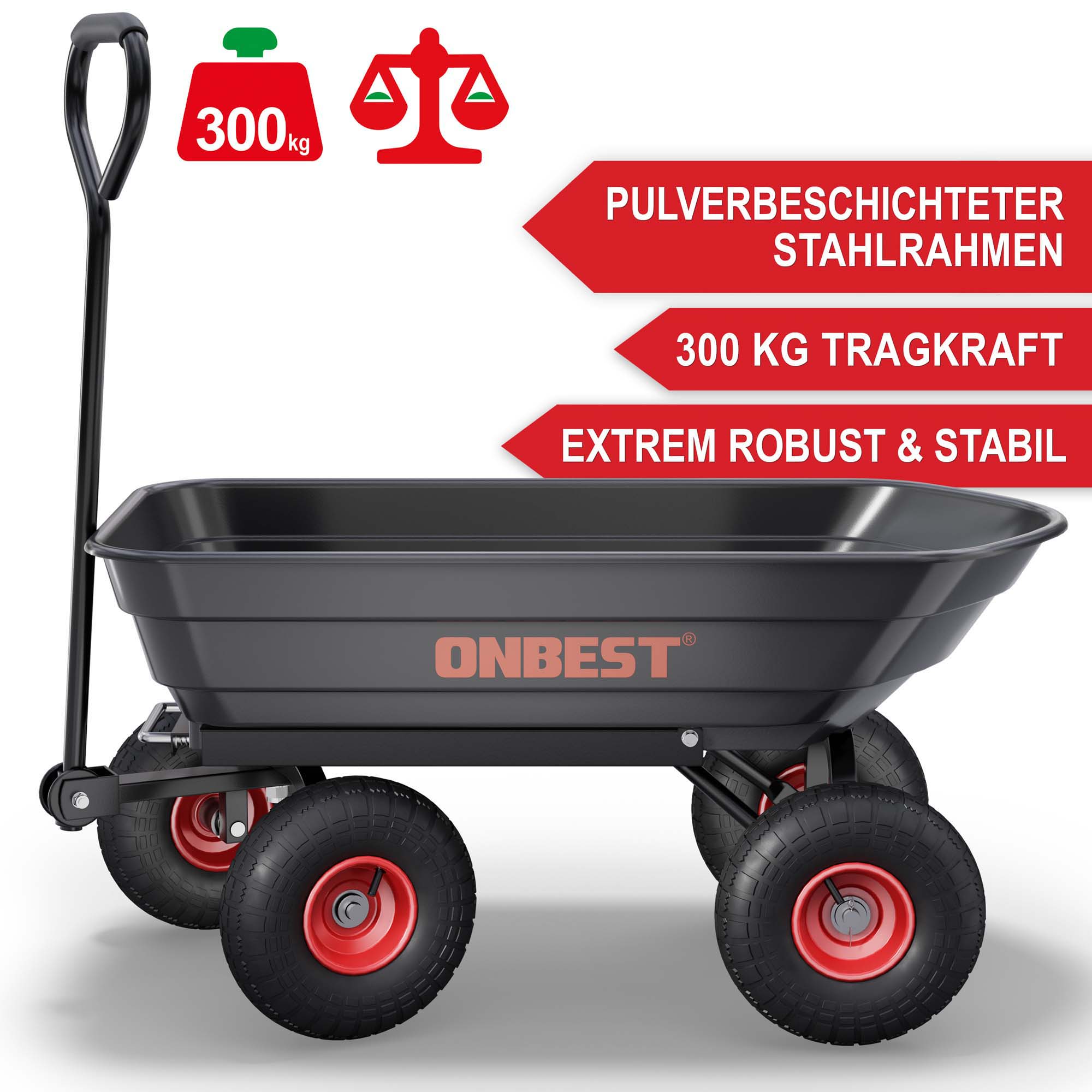 Gartenwagen mit pulverbeschichtetem Stahlrahmen 300 kg Tragkraft extrem robust und stabil