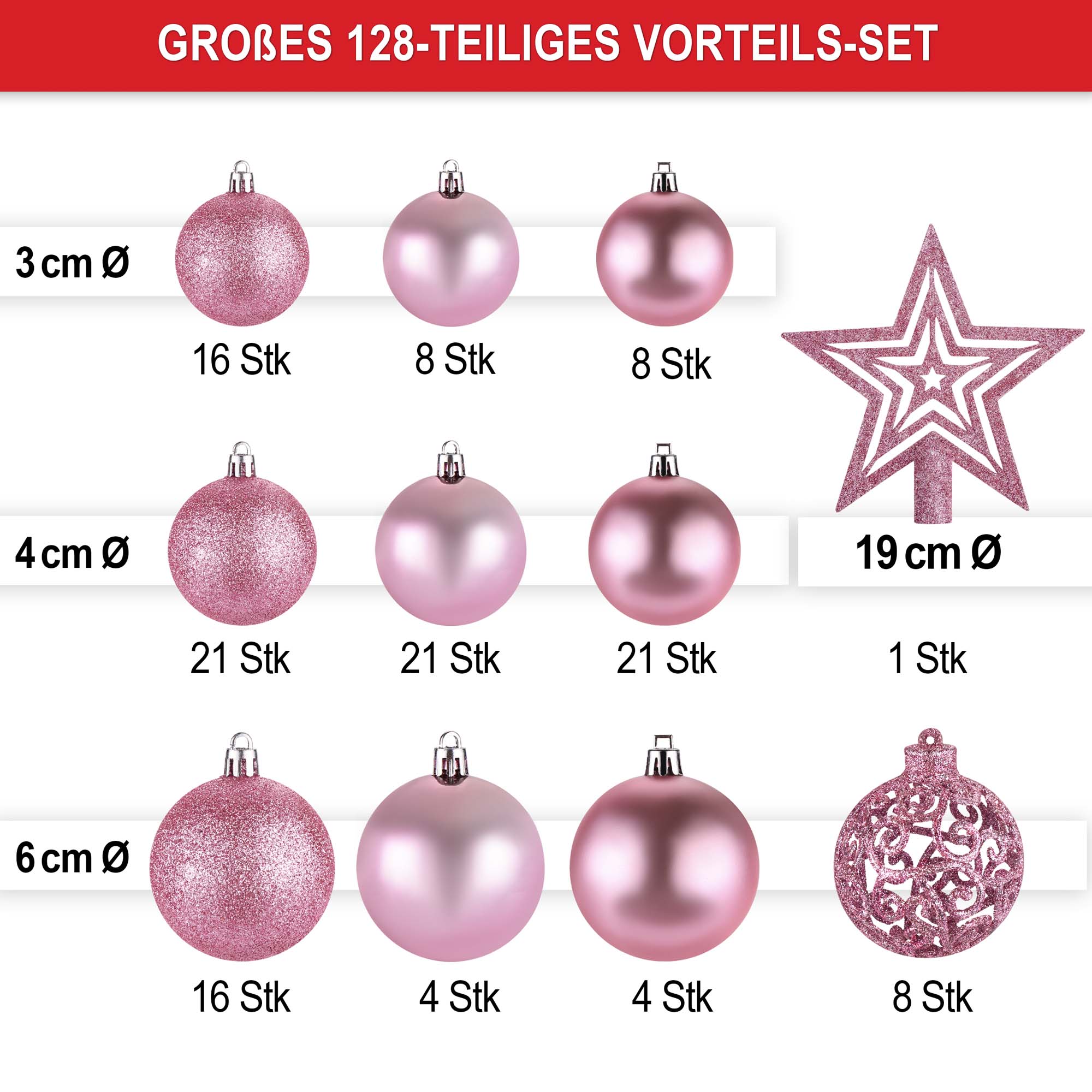 128 teiliges Weihnachtskugeln set in 3 groessen pink