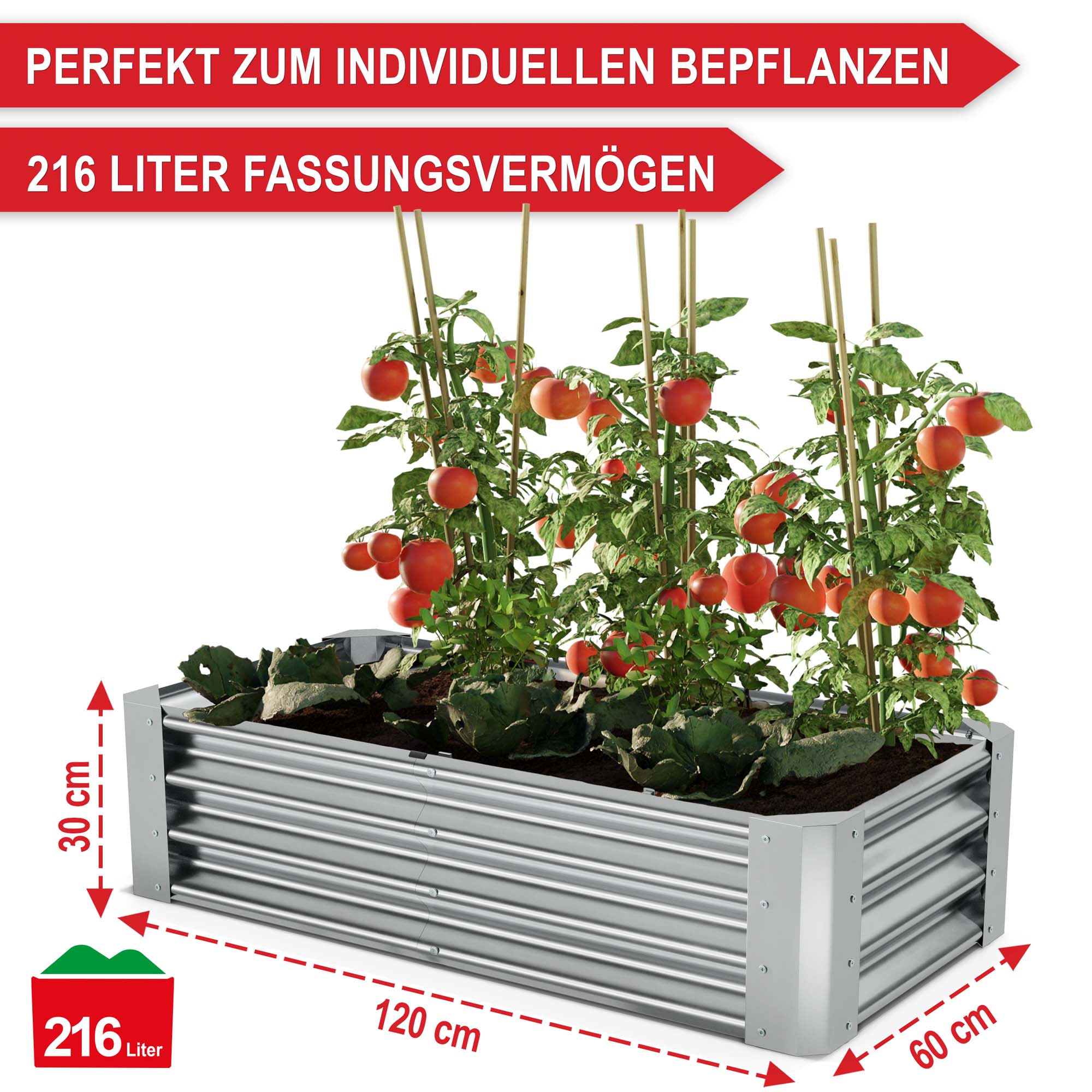 Optimales Hochbeet für individuelle Bepflanzung 216 Liter Volumen Maße 120 cm x 60 cm x 30 cm