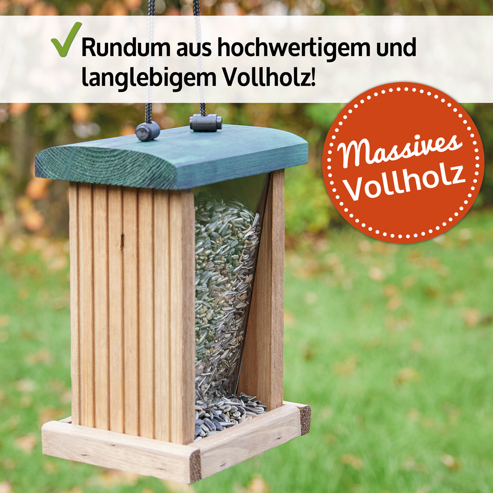 Holz-Vogelfutterspender aus hochwertigem und langlebigem Vollholz mit grünem Dach und Sonnenblumenkernen massives Vollholz