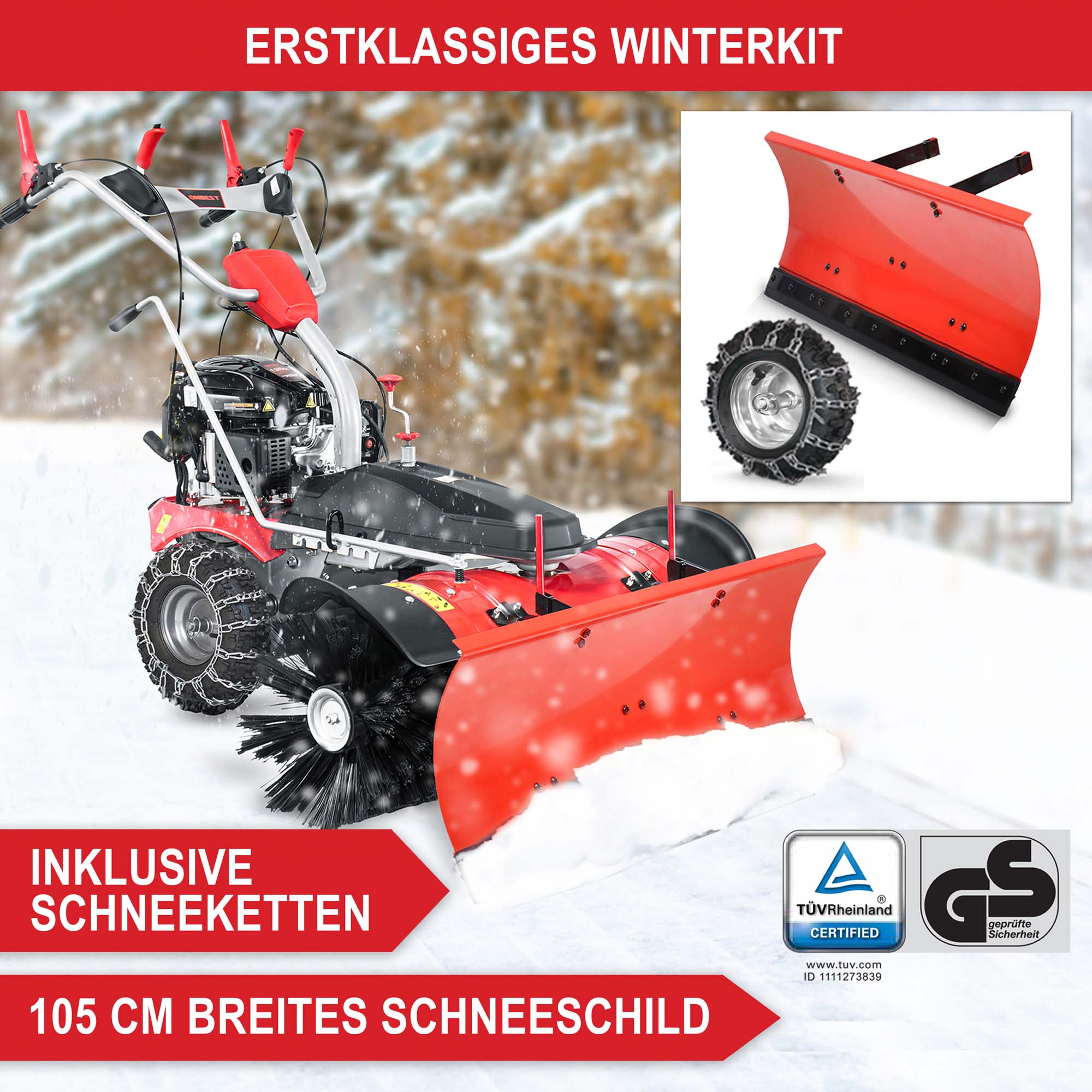 Kehrmaschine Benzin mit erstklassigen Winterkit inklusive Schneeketten 105 cm breites Schneeschild