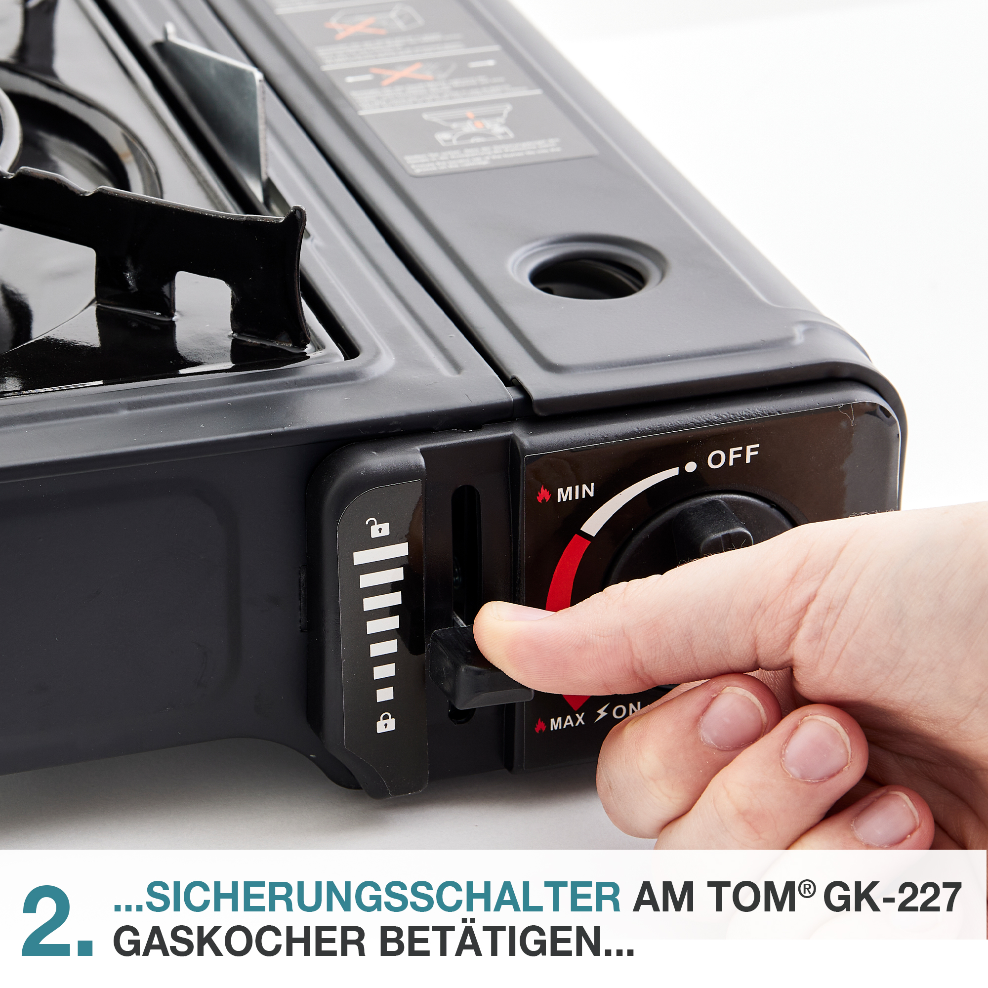 Gaskocher - sicherer Kartuschenwechsel - 227 G Gaskartusche einfach ins Gerät einlegen bis sie einrastet - Camping - Kocher - Outdoormpingkocher GK-227 - Sicherungsschalter am Gaskocher - Flamme - Camping - Kochen - Outdoor Kochstation