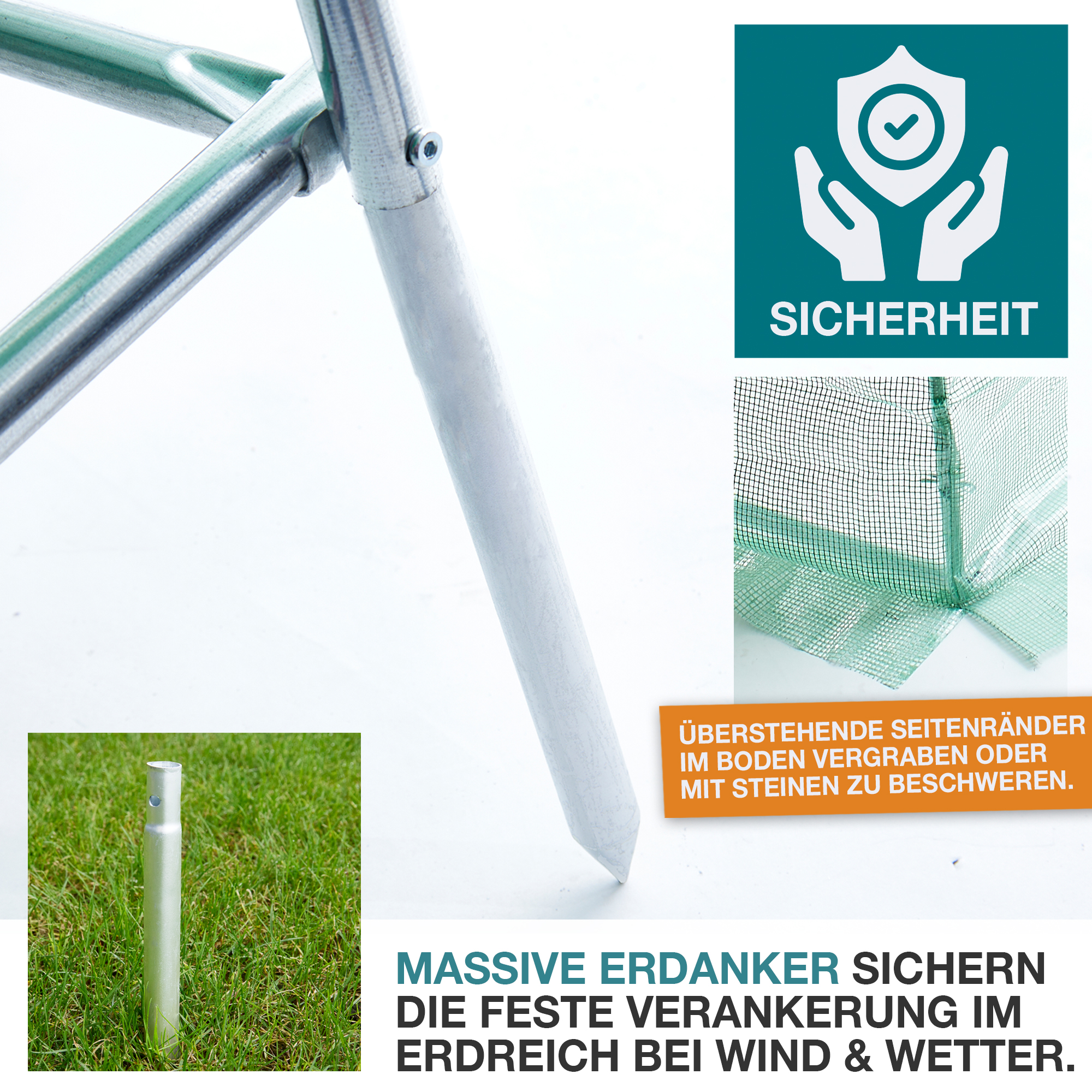 Massive Erdanker sichern die feste Verankerung im Erdreich bei Wind und Wetter - Erdverankerung – Bodenanker – Gewächshausbefestigung – Standfestigkeit – Erdspieß – Bodenstabilität