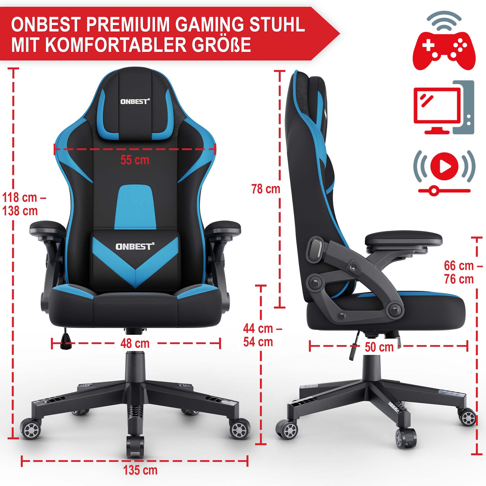 ONBEST Premium Gaming Stuhl schwarz-blau komfortable Größe 118 bis 138 cm hoch 55 cm breite Rückenlehne Sitzhöhe 44 bis 54 cm Sitzbreite 50 cm Gesamtlänge 135 cm geeignet für Gaming und Büro