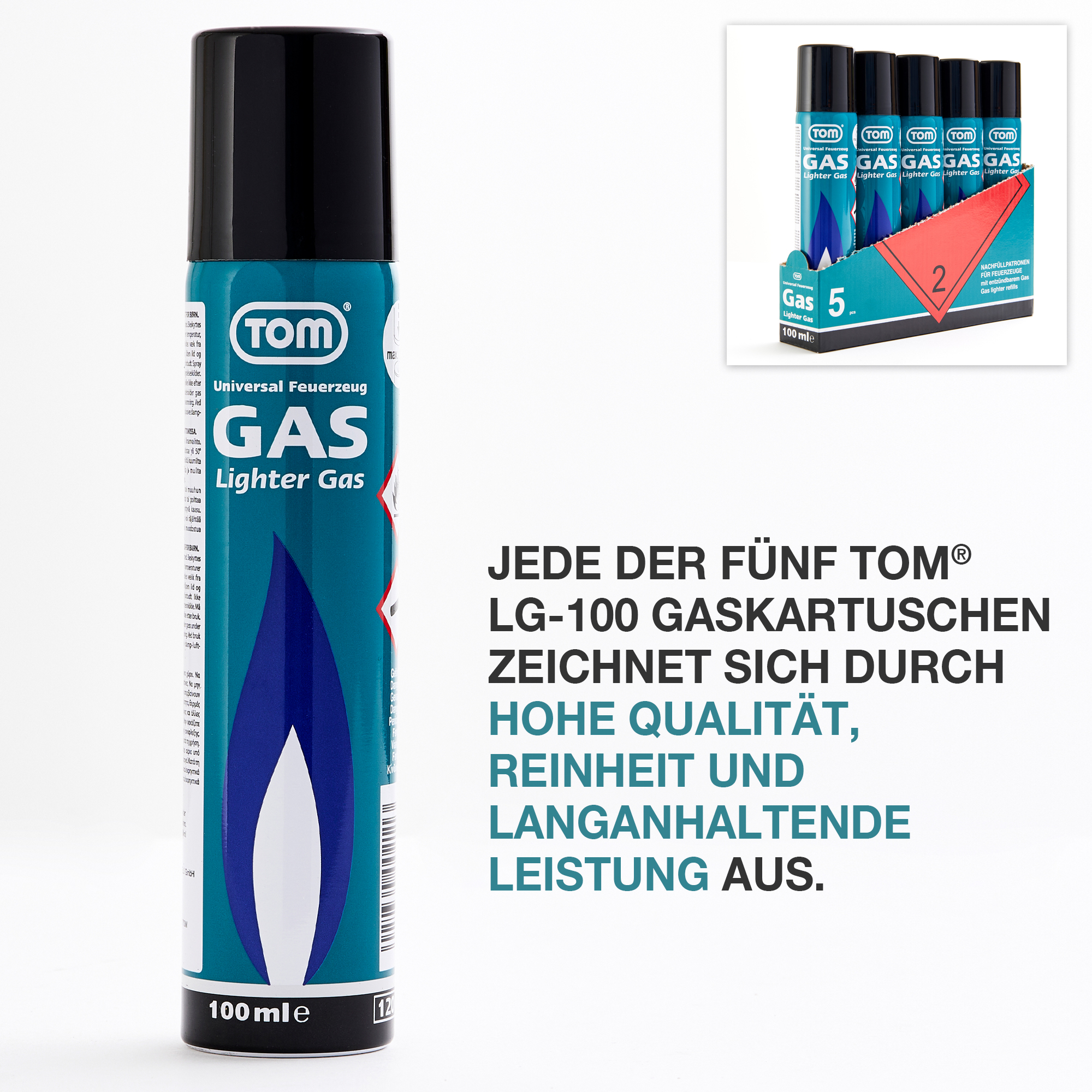 Fünf Gaskartuschen Tom LG-100 für Feuerzeuge Hohe Qualität und langanhaltende Leistung