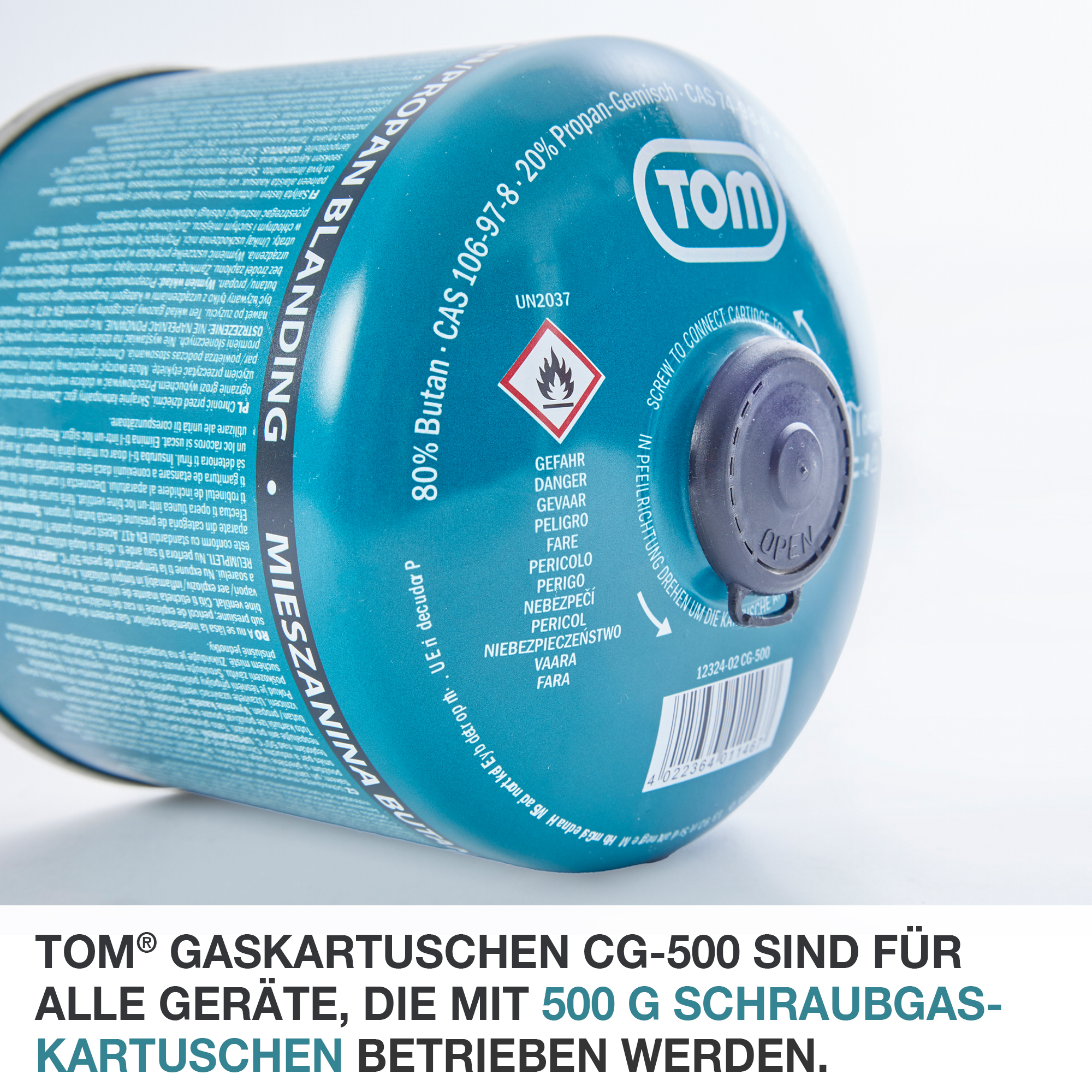 TOM Gaskartuschen CG-500 sind für alle Geräte geeignet, die mit 500 g Schraubgaskartuschen betrieben werden