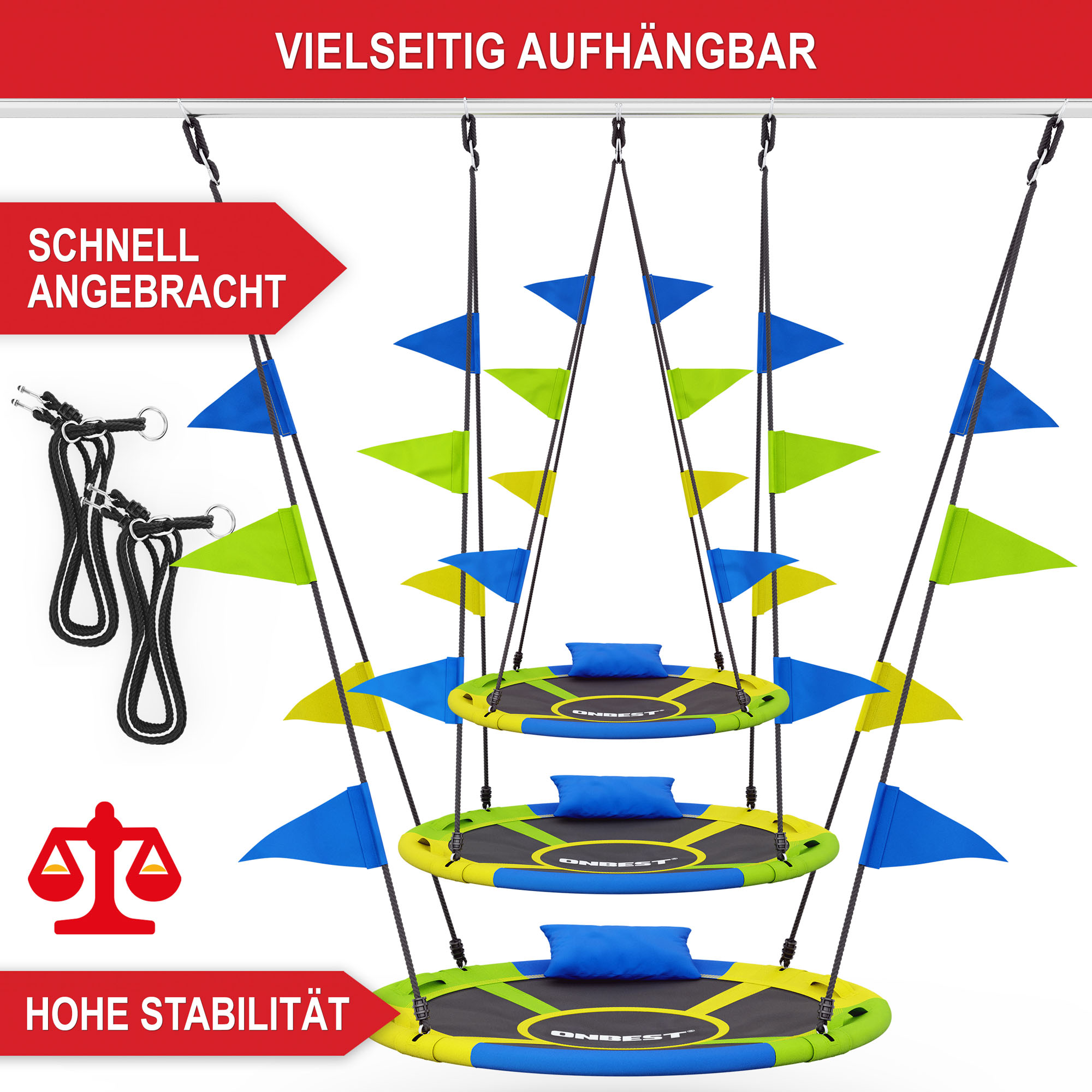 Vielseitig aufhängbare Nestschaukel schnell angebracht und stabil