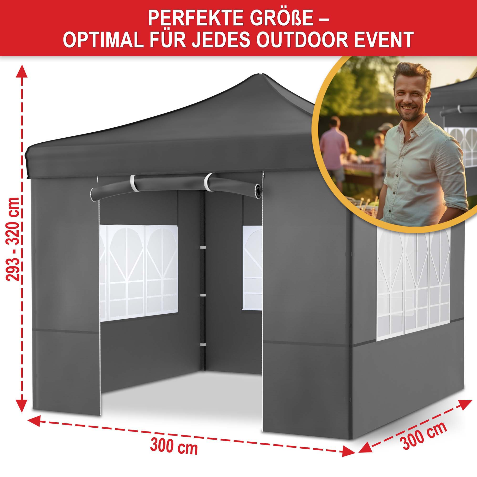 Perfekte Größe für jedes Outdoor-Event - Pavillon grau - 300 cm x 300 cm - Höhe 293-320 cm Schutzdach - Festzelt - Gartenpavillon - Zelt - Pavillon - Eventzelt - Partyzelt - Regenschutz - Sonnenschutz - Überdachung