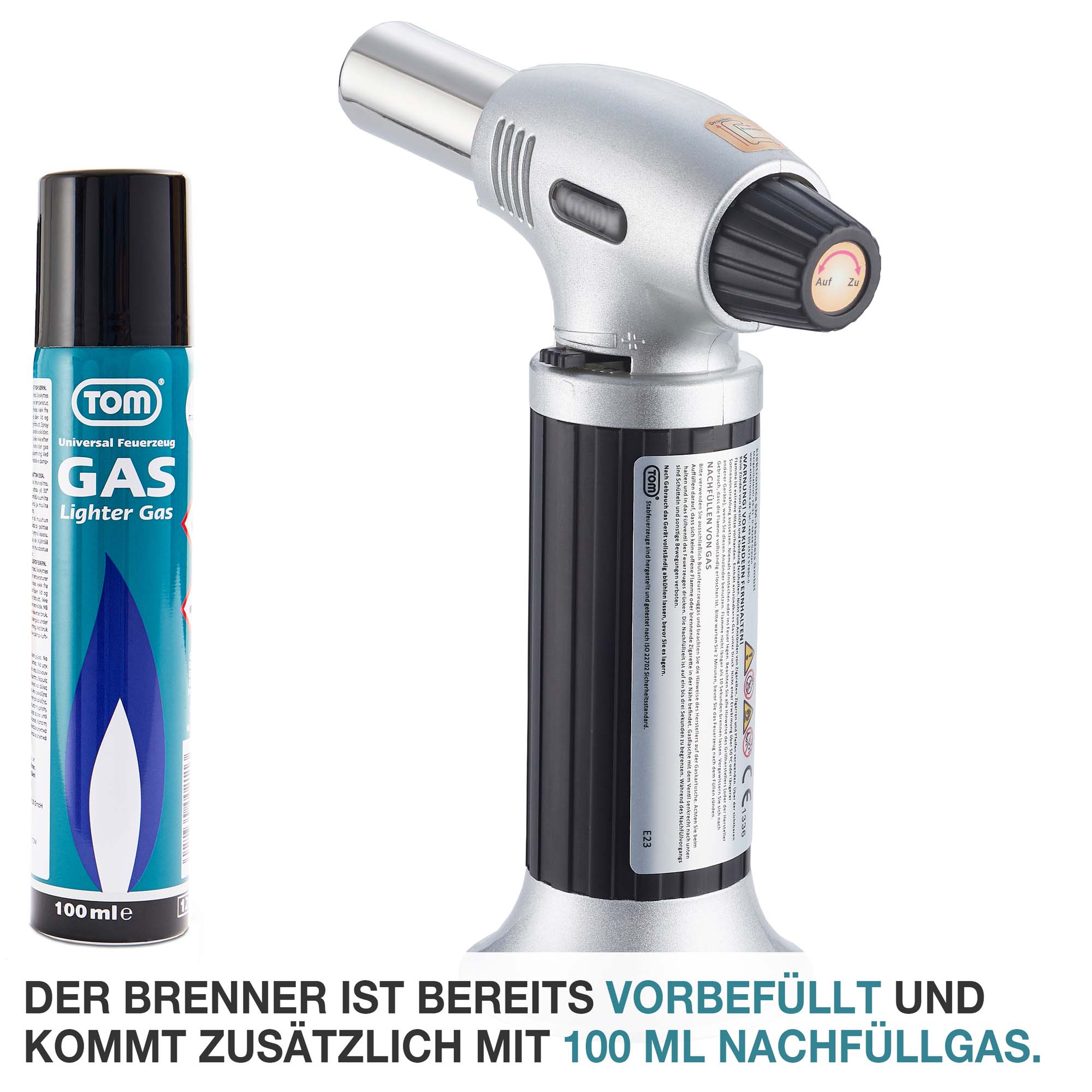 Der Brenner ist bereits vorgefüllt und kommt zusätzlich mit 100 ml Nachfüllgas