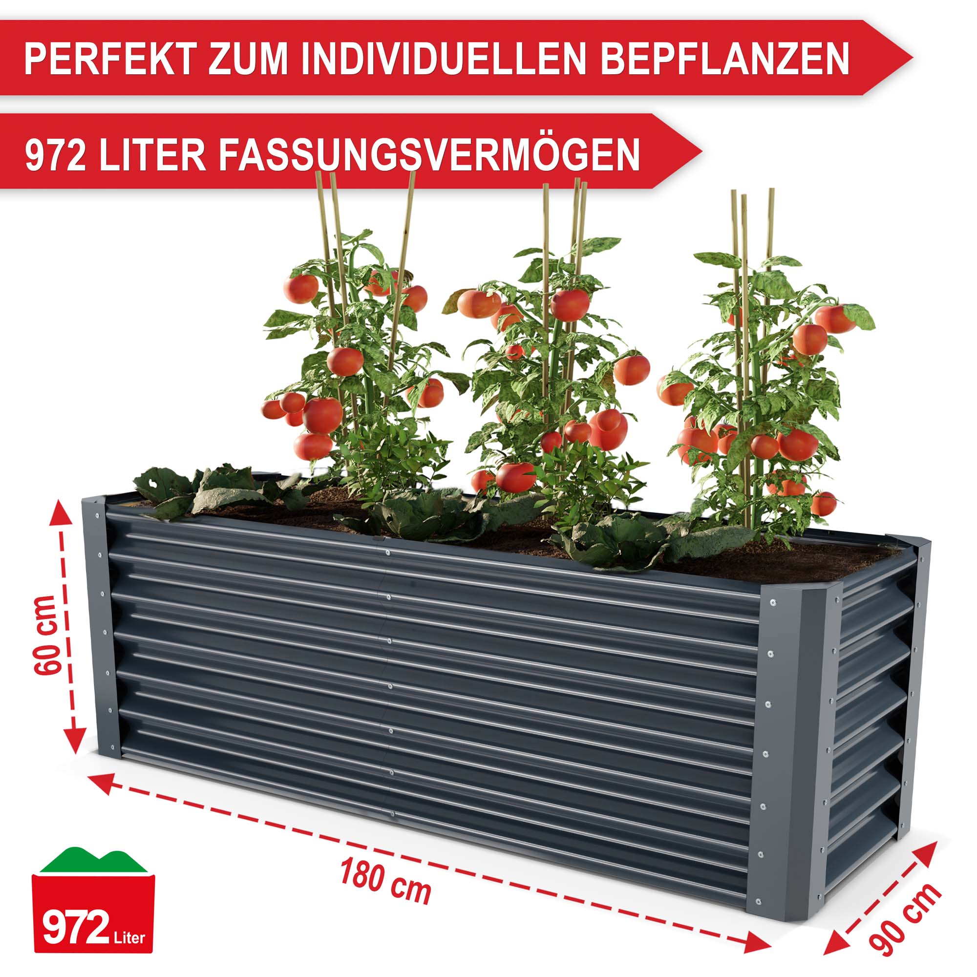 Hochbeet Anthrazit mit großem Fassungsvermögen 972 Liter perfekt für individuelle Bepflanzung Maße 180x90x60 cm