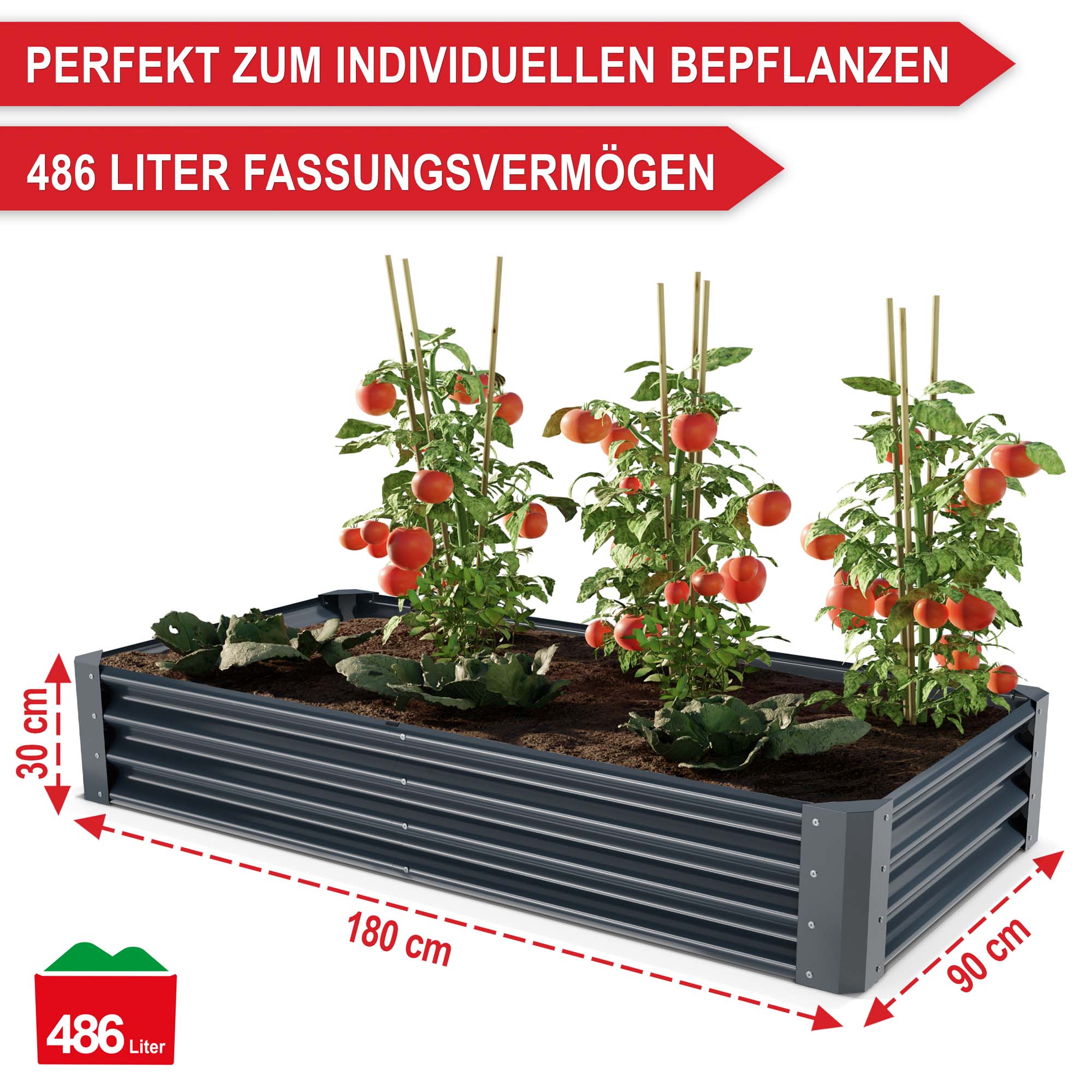 Geräumiges Hochbeet 486 Liter Volumen perfekt für individuelle Bepflanzung 180 cm x 90 cm x 30 cm