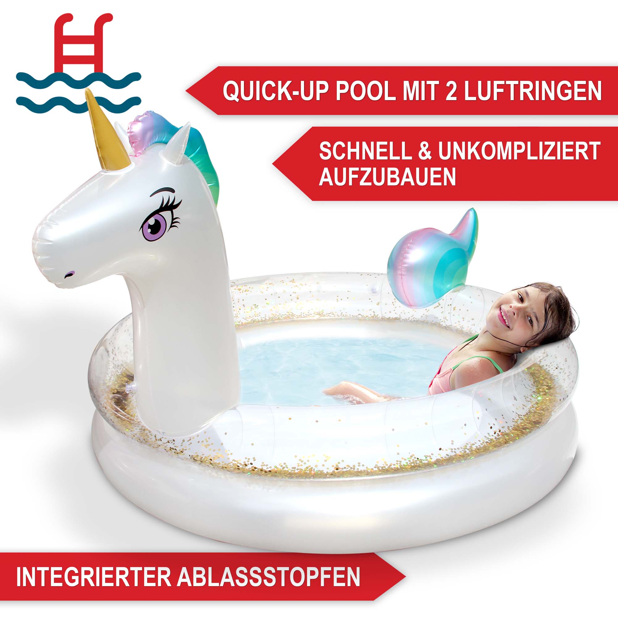 Schnell aufbaubarer Einhorn-Pool mit zwei Luftringen und Ablassstopfen