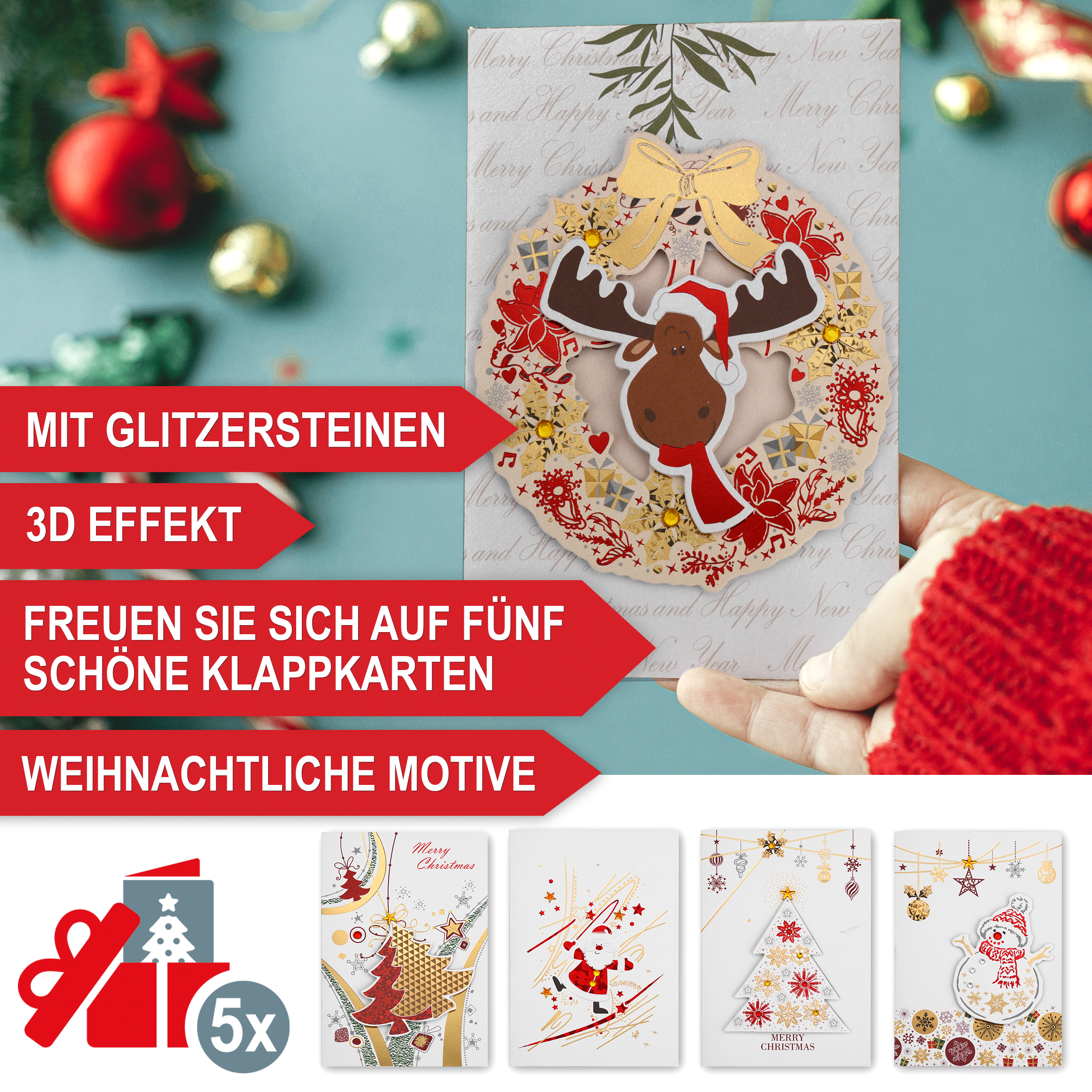 Weihnachtskarten-Set - mit Glitzersteinen - 3D Effekt - 5 schöne Klappkarten - weihnachtliche Motive - Grußkarten - Festtagskarten - Weihnachtsgrüße - Glückwunschkarten