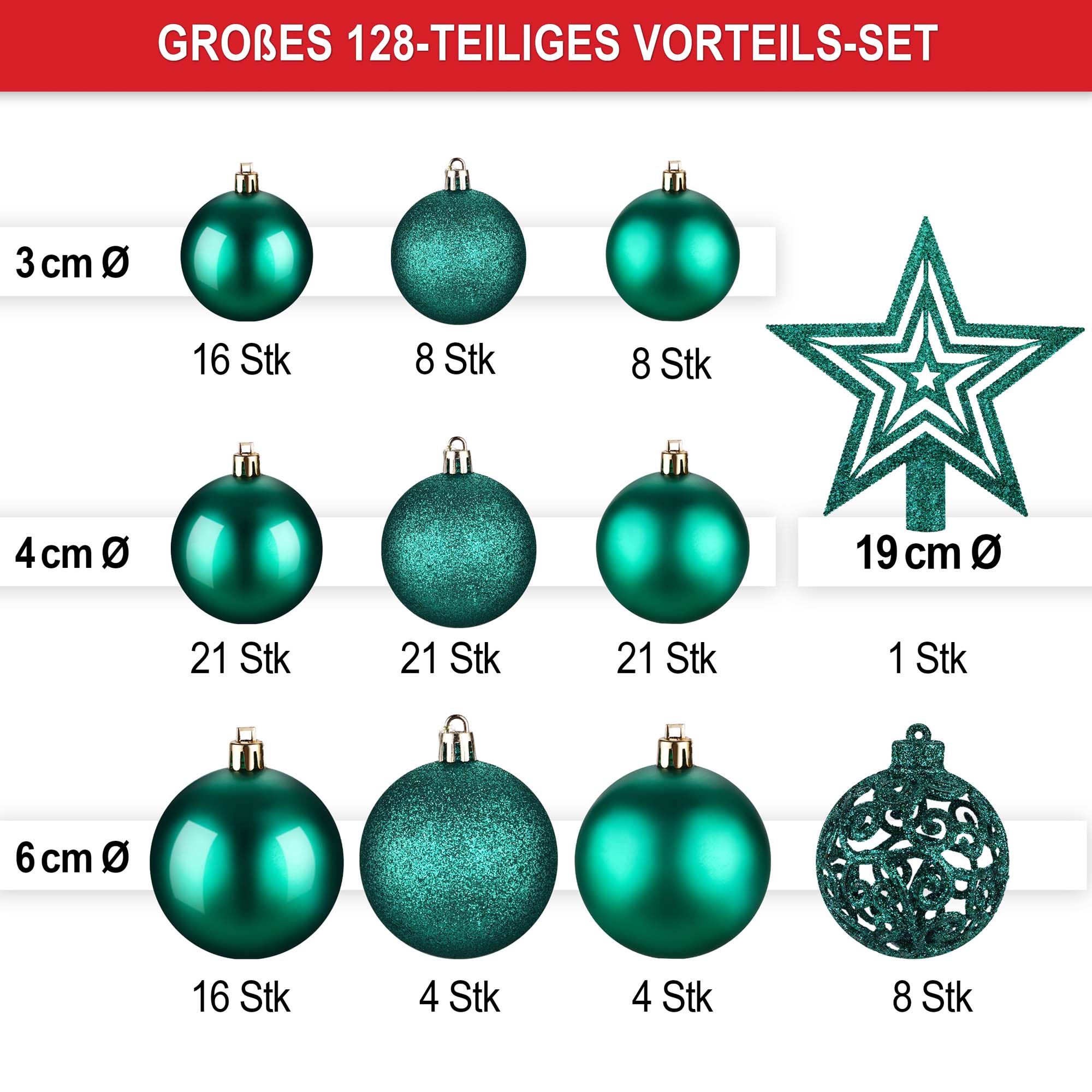 128 teiliges Weihnachtskugeln set in 3 groessen gruen