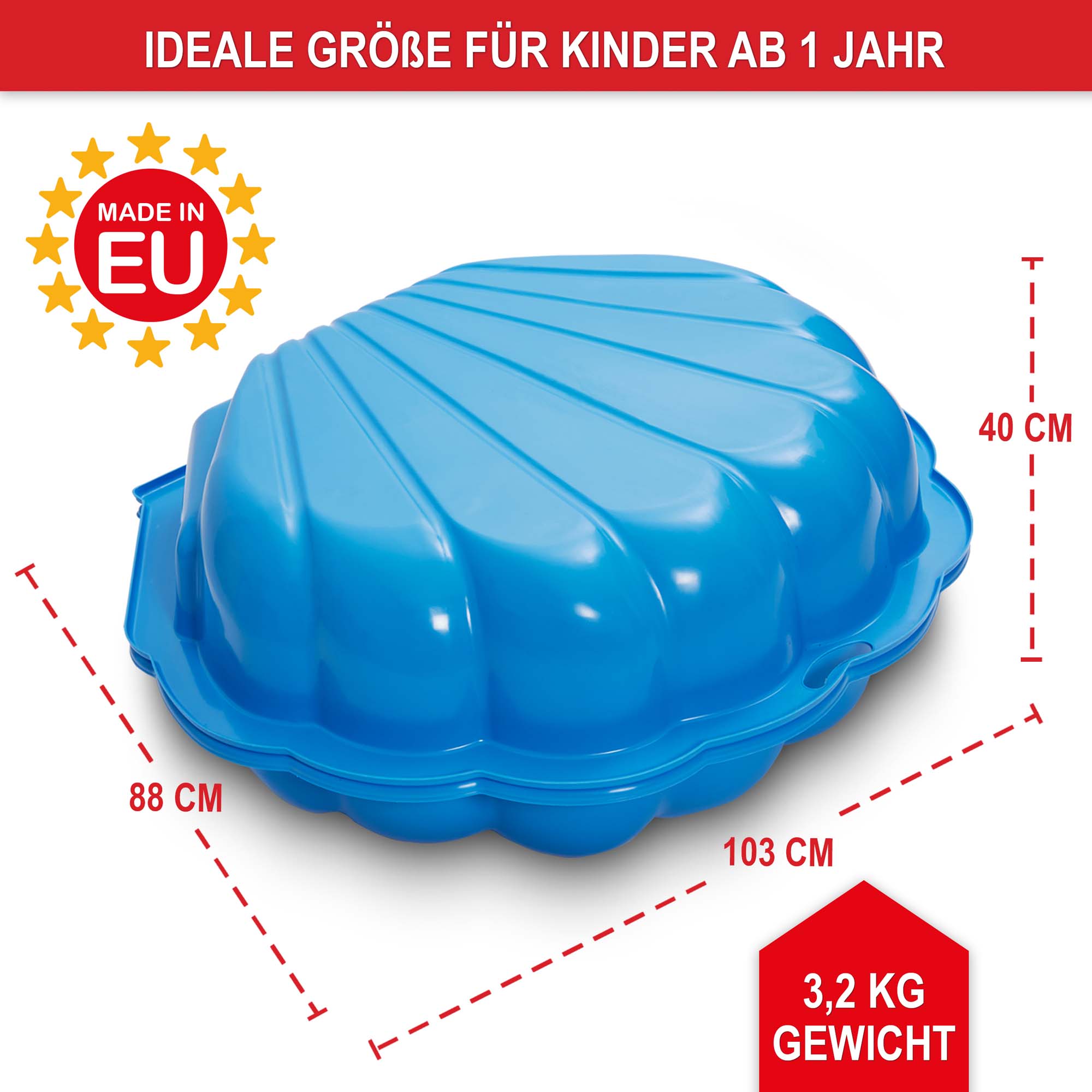 Sandkasten Muschel blau - ideale Größe für Kinder ab 1 Jahr - Maße 103 cm x 88 cm x 40 cm - Gewicht 3,2 kg - Sandkasten - Kinderspielzeug - Outdoor-Spielzeug - Sandmuschel - wetterfest - Gartenspielzeug - doppelwandig