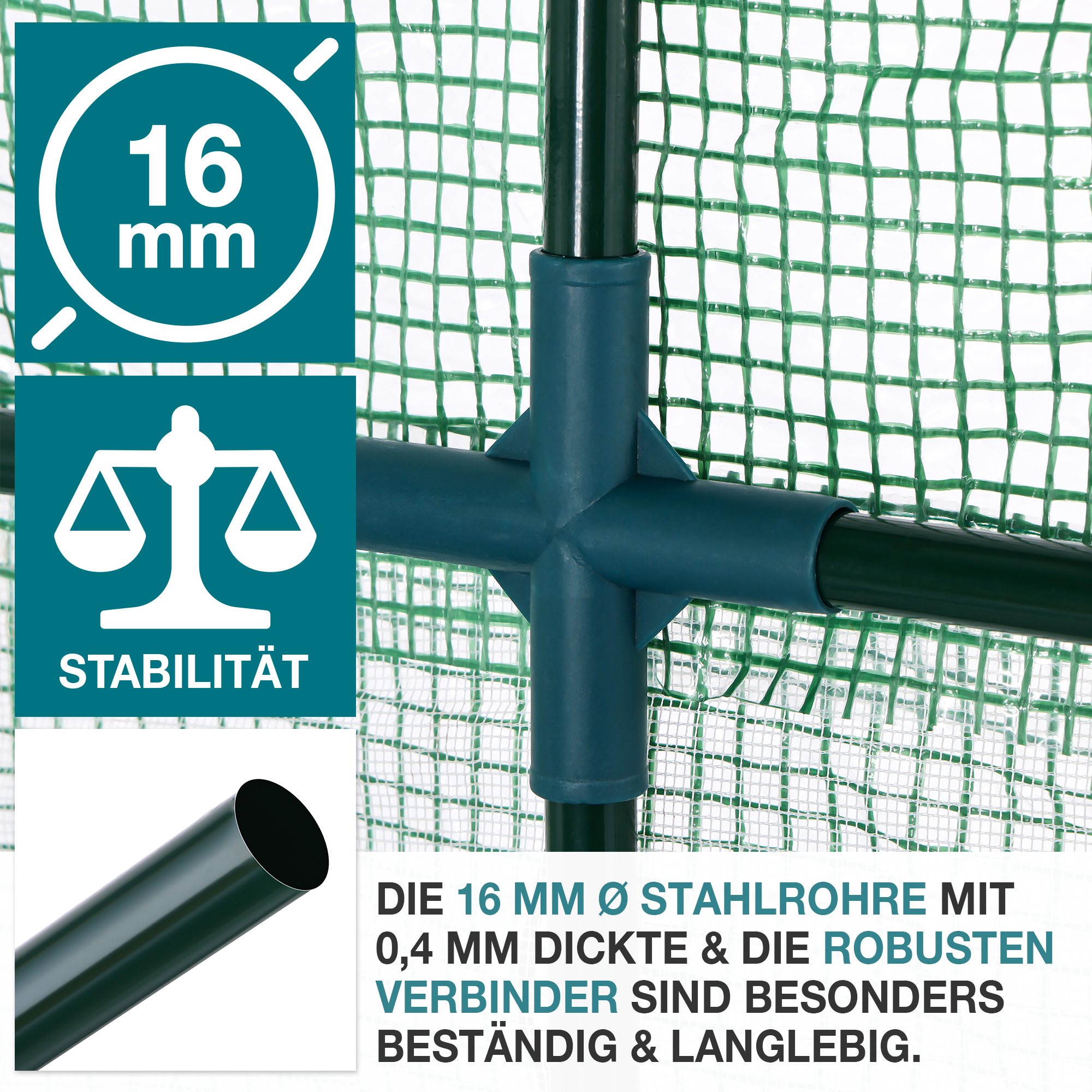 Gewächshaus mit Stabilität durch 16 mm Stahlrohre - Robuste Verbinder - Hohe Belastbarkeit - dicke Stahlrohre - wetterfestes Design