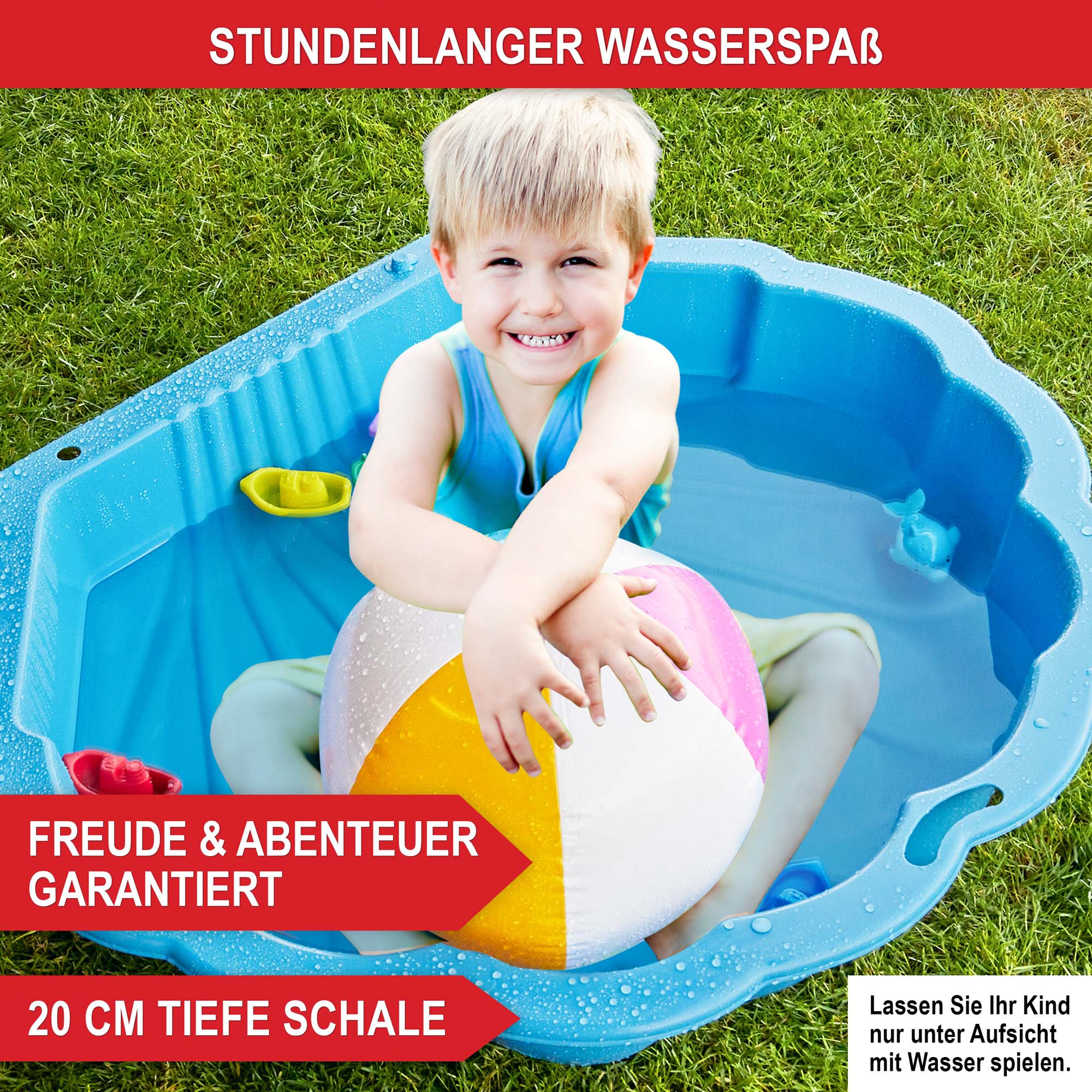 Stundenlanger Wasserspaß - Freude und Abenteuer garantiert - 20 cm tiefe Schale - Sandkasten Muschel blau - bis zu 100 kg Sand - ideal für Kinder ab 1 Jahr - wetterfest - Kinderspielzeug - Gartenspielzeug - doppelwandig