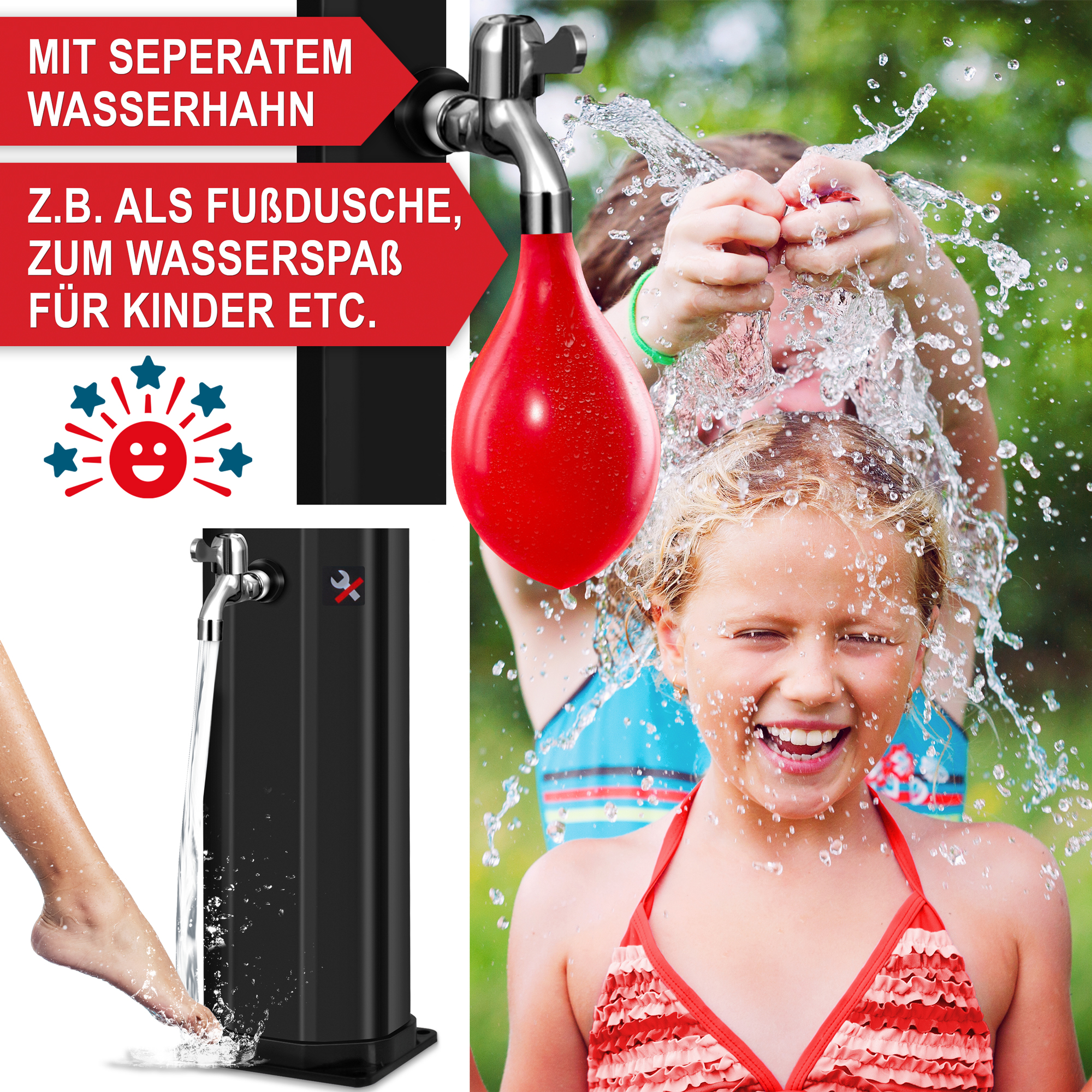 Solardusche mit separatem Wasserhahn - Fußdusche - Spaßdusche für Kinder - Gartendusche mit Kinderfunktion - Multifunktionale Außendusche - Solargeheizte Dusche - Nachhaltige Pooldusche