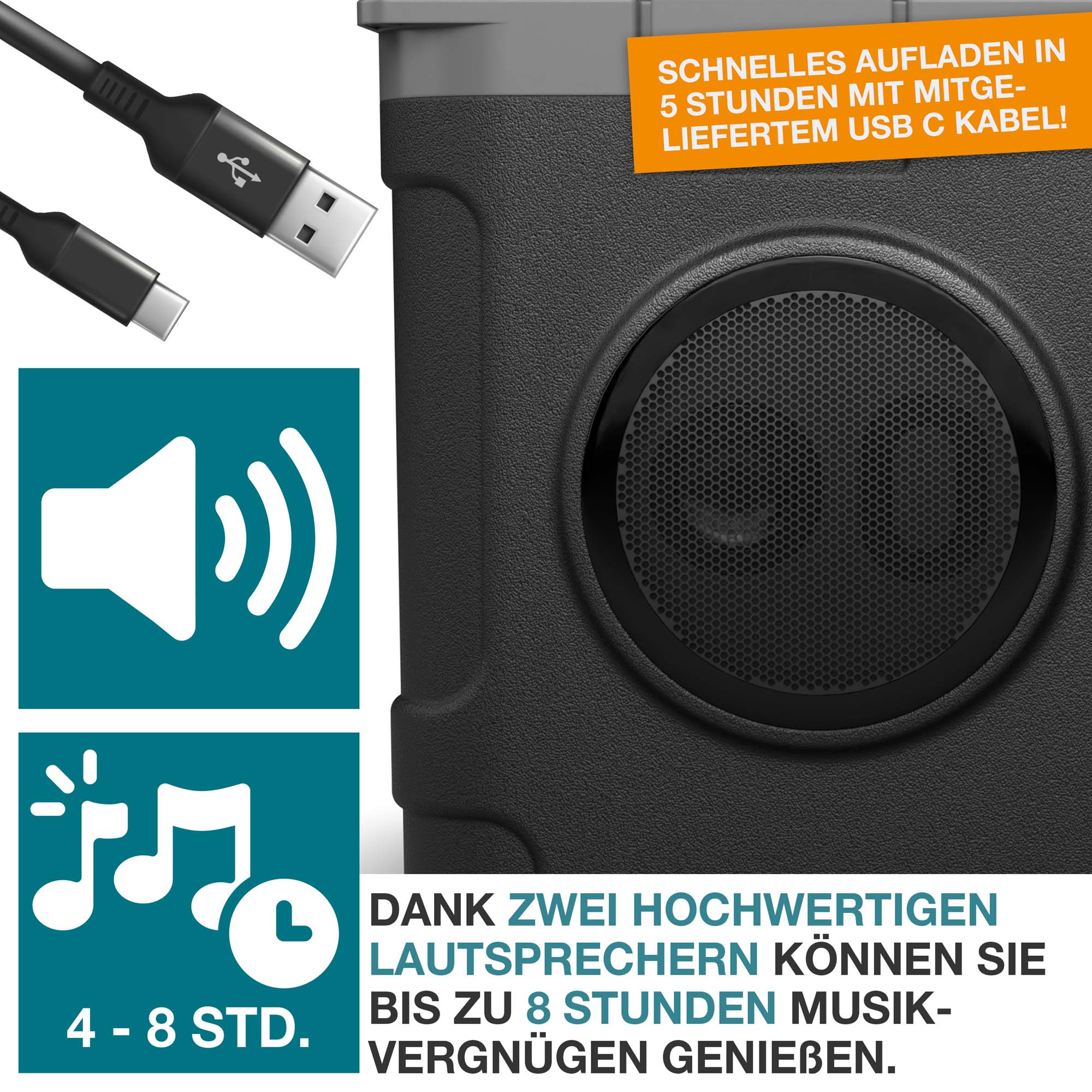 3-in-1 Kühlbox TOM schwarz – Zwei Lautsprecher für bis zu 8 Stunden Musikgenuss Schnelles Aufladen in 5 Stunden Ideal für Camping Outdoor Reisen – Mobile Kühlbox mit Musikfunktion