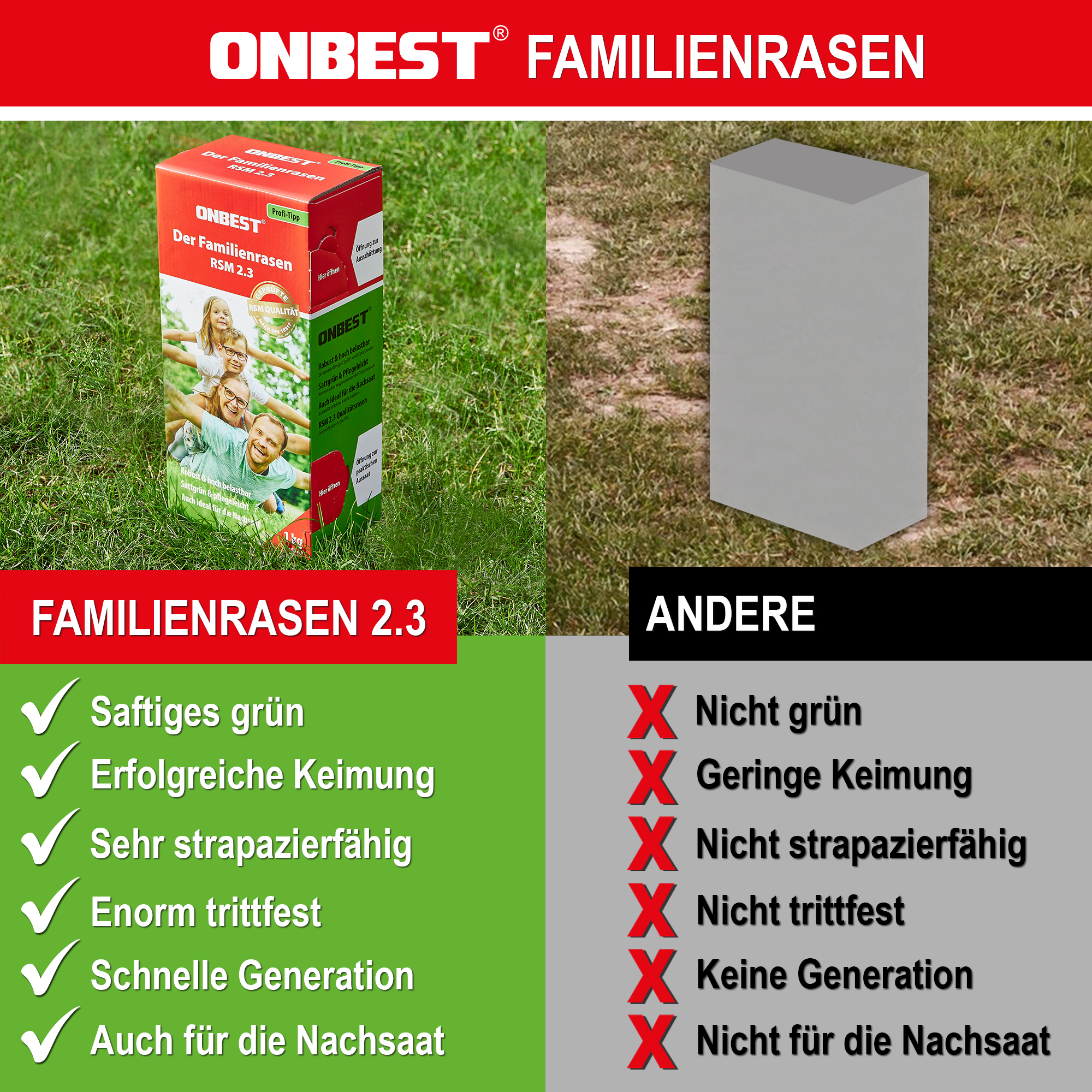 Familienrasen 2.3 - Saftiges Grün - Erfolgreiche Keimung - Sehr strapazierfähig - Enorm trittfest - Schnelle Generation - Auch für die Nachsaat - Rasensamen - Grassamen - Rasenmischung