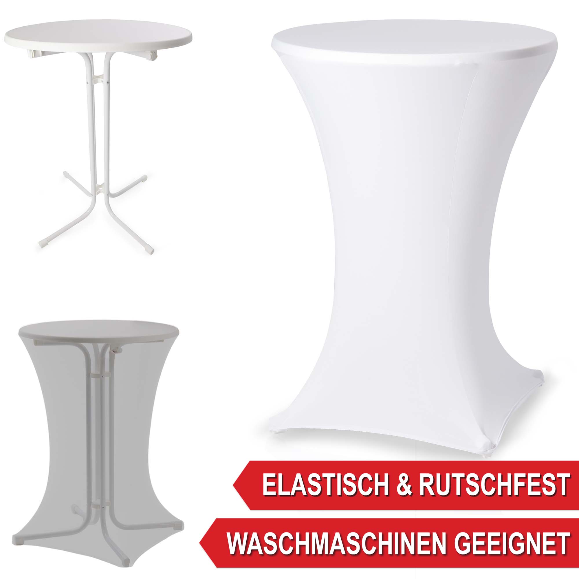 Stehtisch mit Tischhusse weiß - elastisch & rutschfest - waschmaschinengeeignet - Partytisch mit Husse - Bartisch mit Überzug - Klapptisch mit Stretchbezug