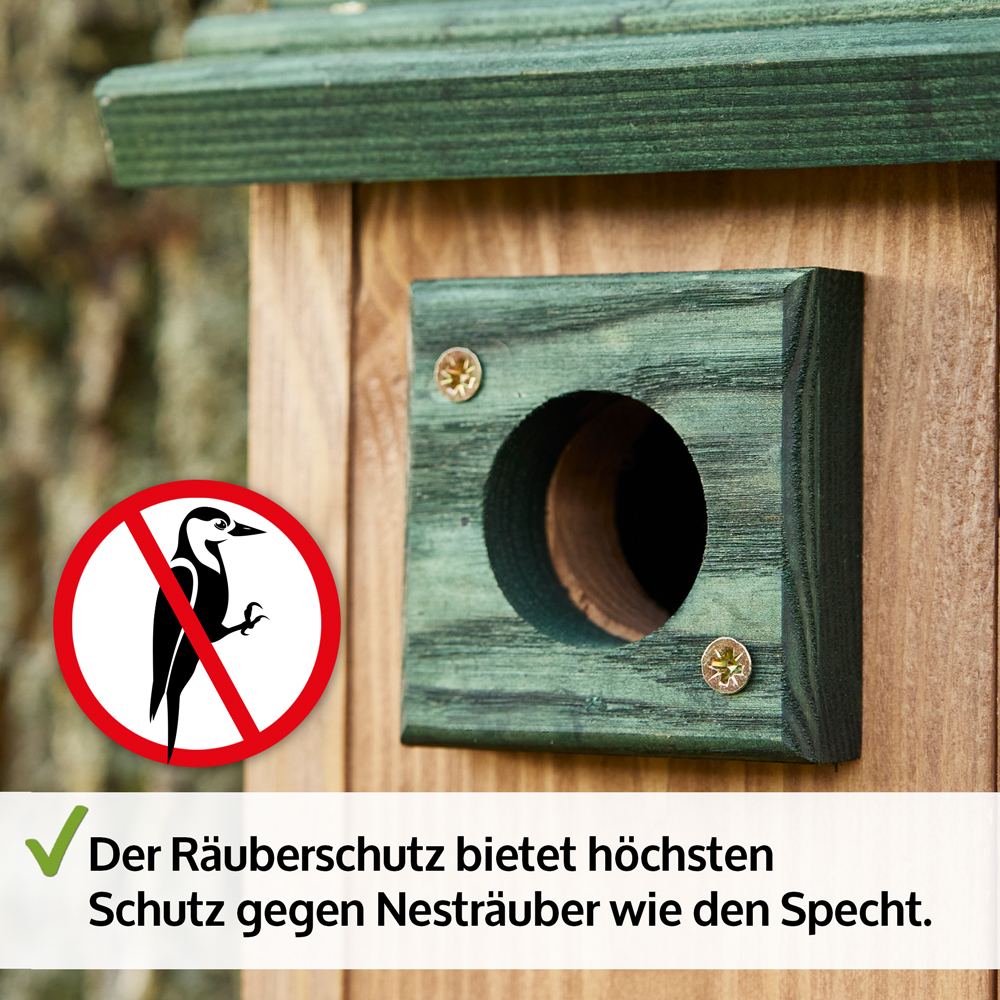 Der integrierte Räuberschutz schützt effektiv vor Nesträubern wie Spechten und sorgt für die Sicherheit der Vögel im Nistkasten