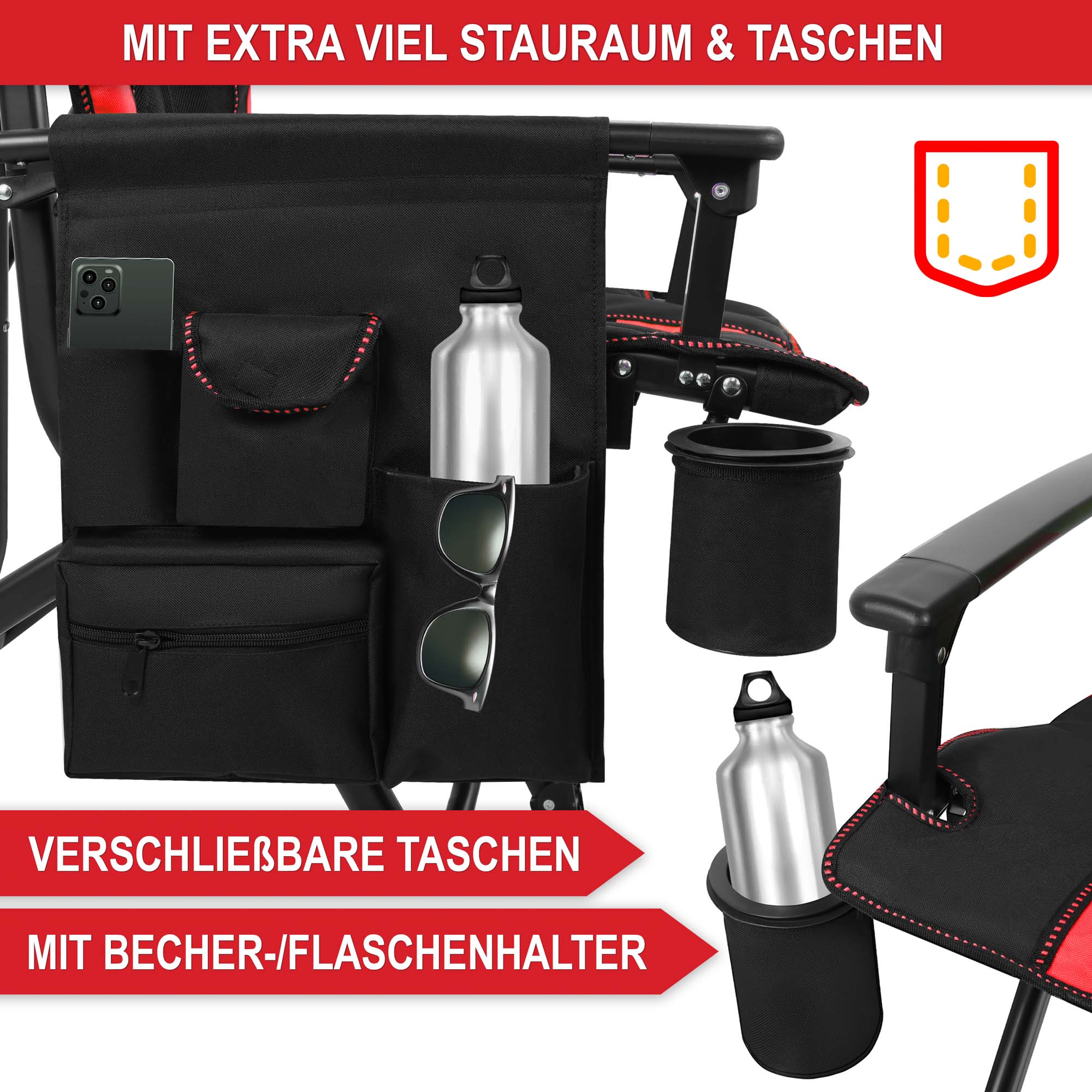 Campingstuhl Schwarz-Rot mit extra viel Stauraum und Taschen