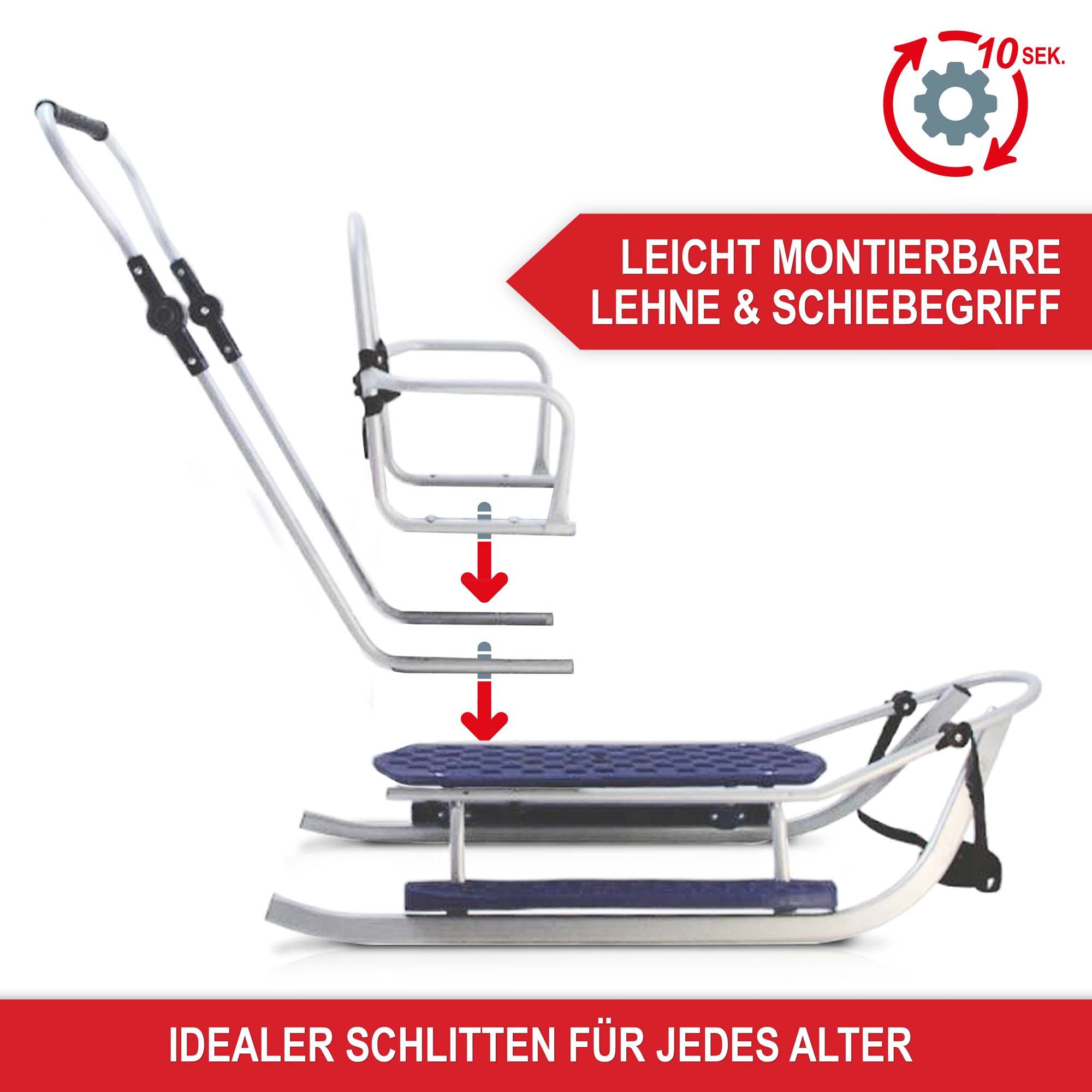 Robuster Schlitten mit einfach montierbarer Lehne und Schiebegriff.