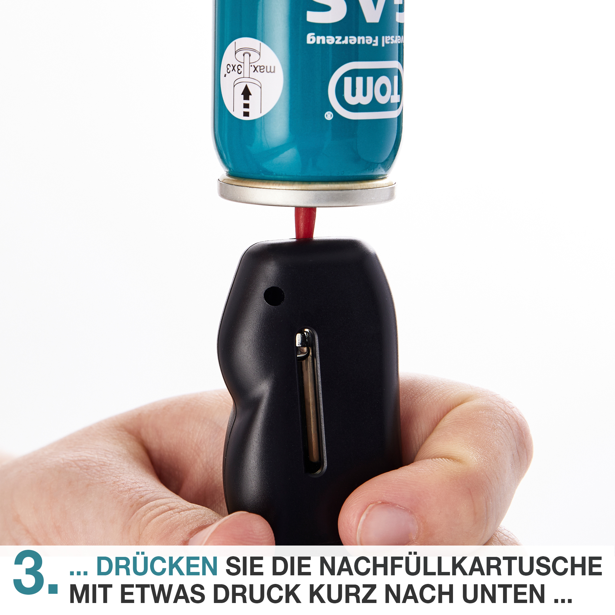 Tom LG-100 Gaskartusche für schnelles und sicheres Nachfüllen von Feuerzeugen Einfache Handhabung Drücken Sie die Nachfüllkartusche fest nach unten