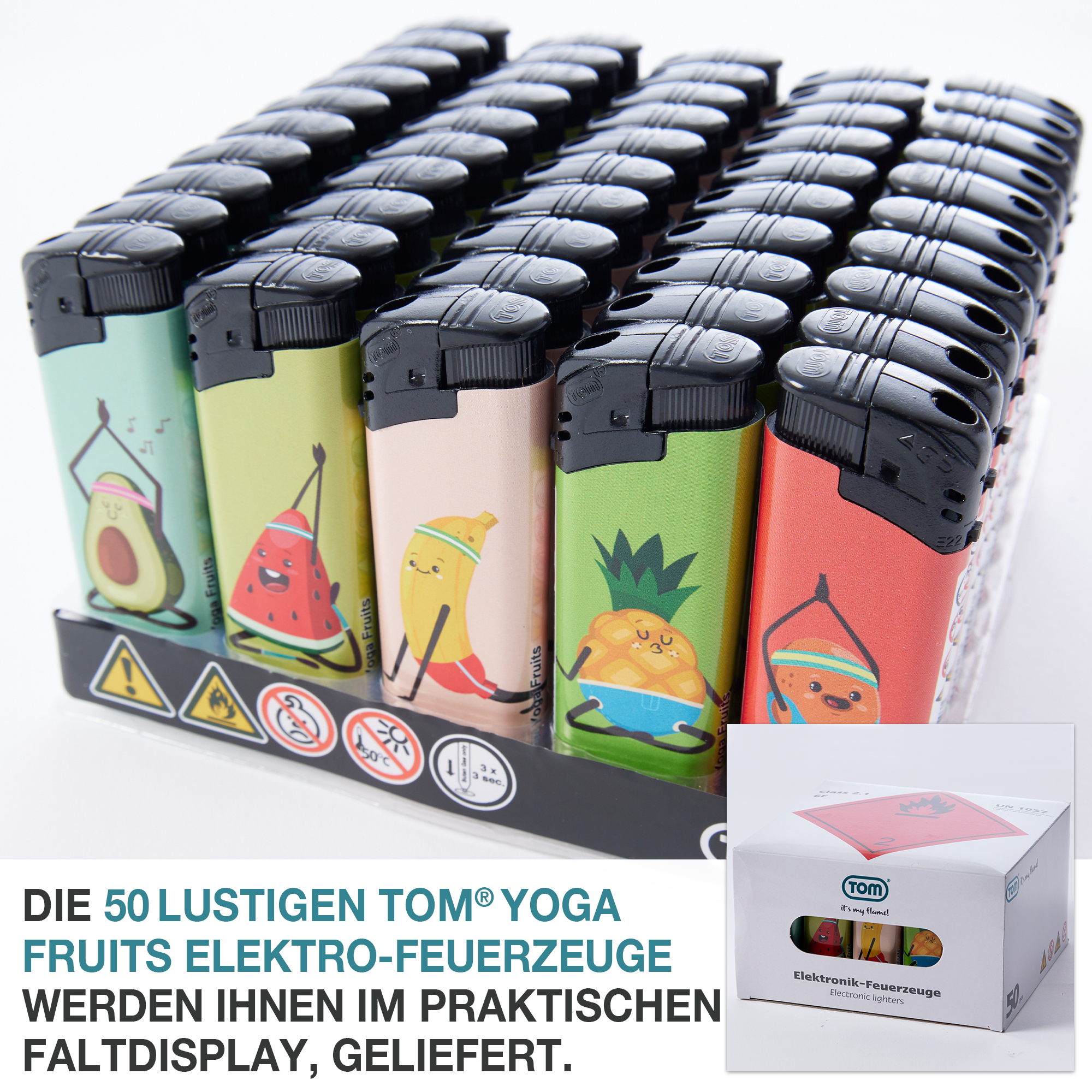 50 lustige TOM Yoga Fuits Elektro Feuerzeuge - Zigarettenanzünder – Feueranzünder – Elektronischer Zünder – Kaminanzünder – Gasanzünder – Stabfeuerzeug – Flammenwerfer – Zündgerät – Streichholzersatz – Kerzenanzünder