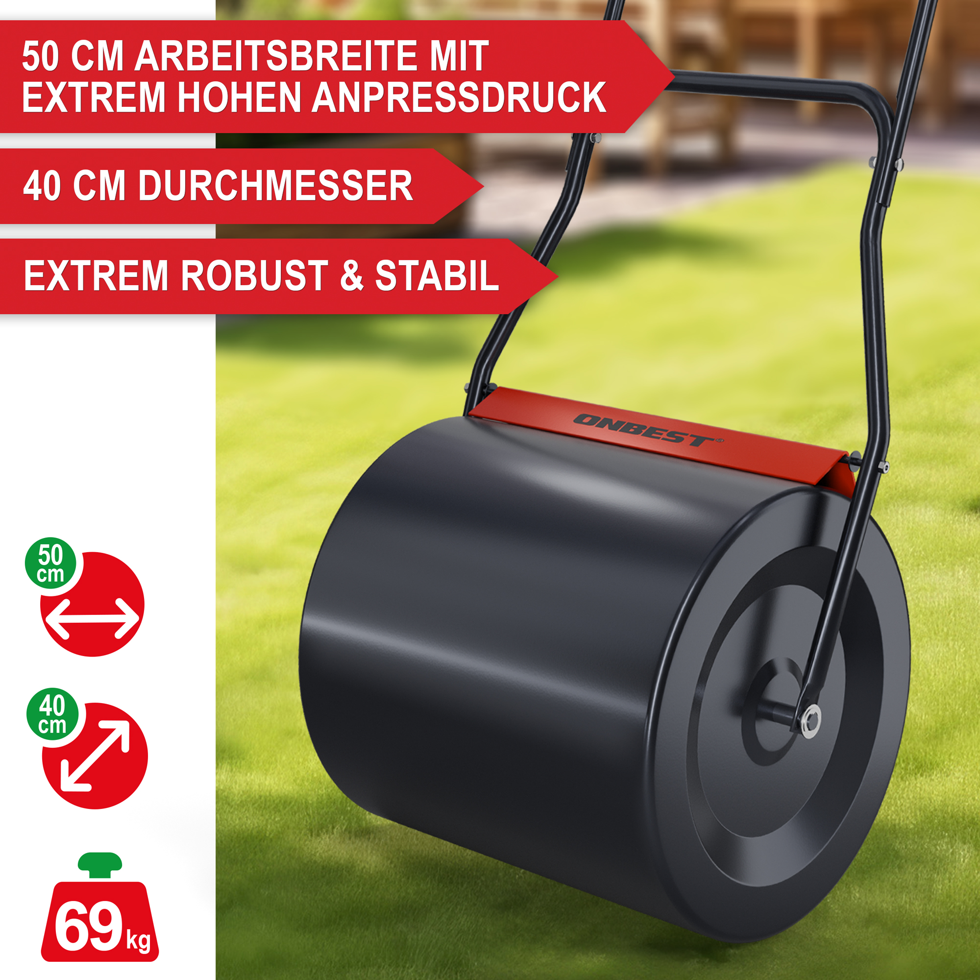 ONBEST Gartenwalze 50 cm Arbeitsbreite hoher Anpressdruck 40 cm Durchmesser extrem robust und stabil 69 kg