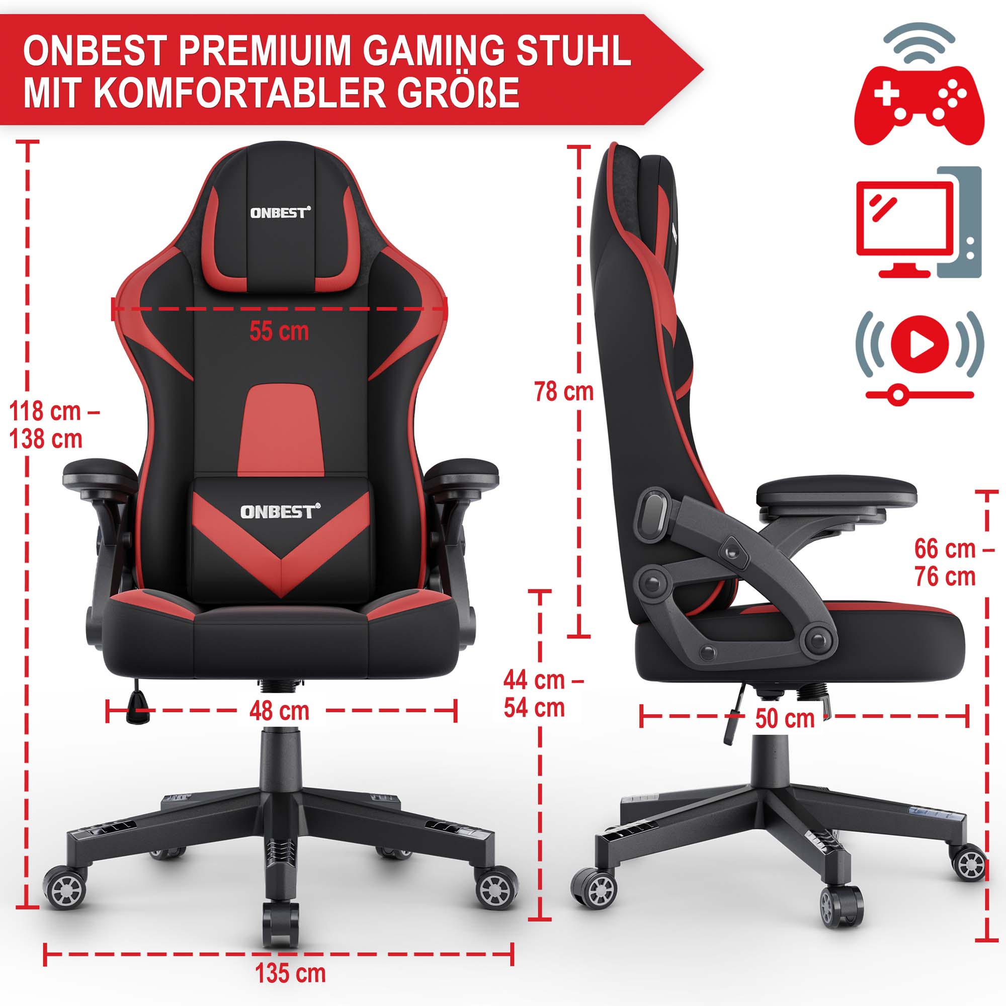 ONBEST Premium Büro Stuhl schwarz-rot komfortable Größe 118 bis 138 cm hoch 55 cm breite Rückenlehne Sitzhöhe 44 bis 54 cm Sitzbreite 50 cm Gesamtlänge 135 cm geeignet für Gaming und Büro