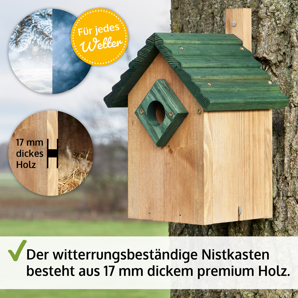 Dieser wetterfeste Nistkasten besteht aus hochwertigem 17 mm dickem Holz und bietet Vögeln einen sicheren Unterschlupf bei jedem Wetter