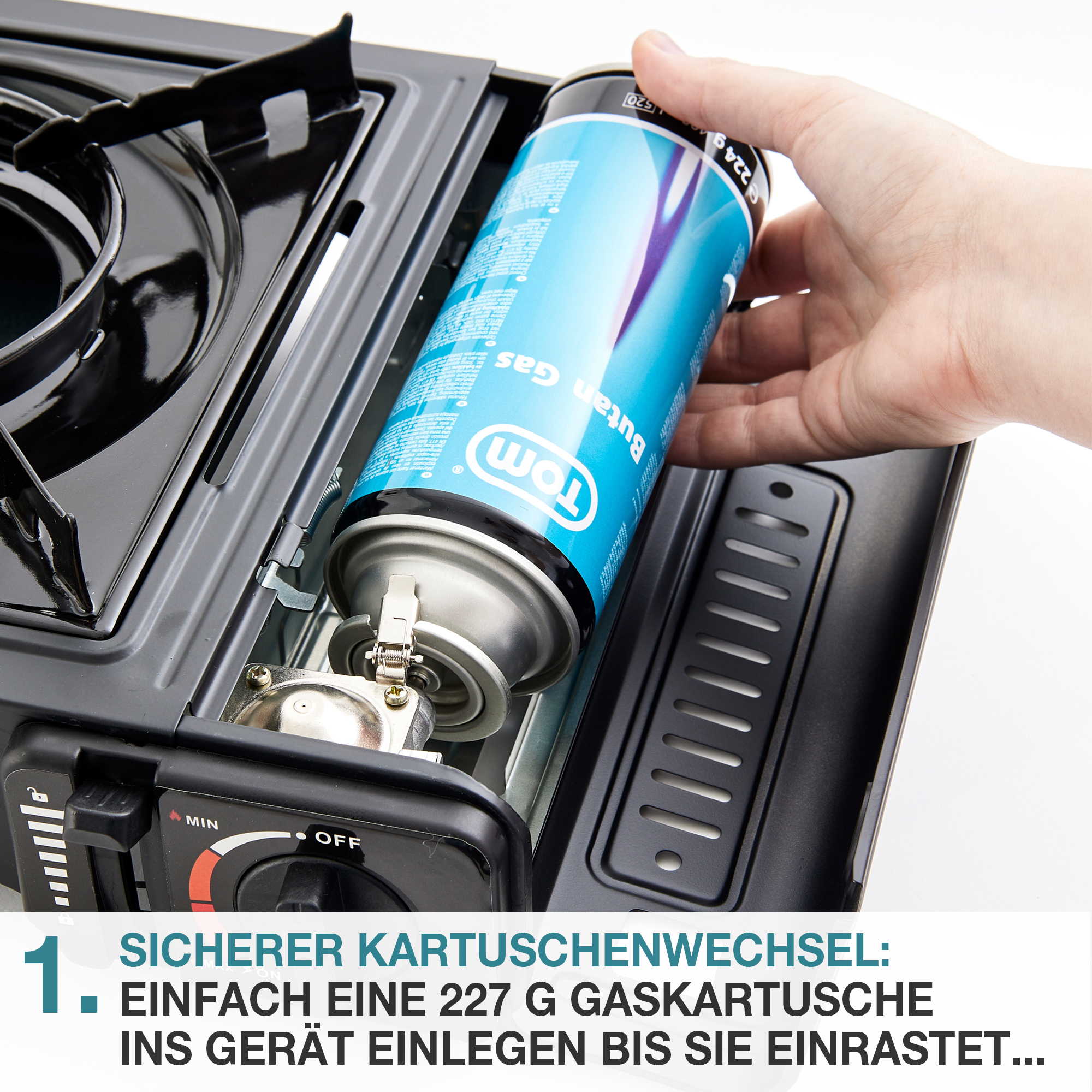 Gaskocher - sicherer Kartuschenwechsel - 227 G Gaskartusche einfach ins Gerät einlegen bis sie einrastet - Camping - Kocher - Outdoor