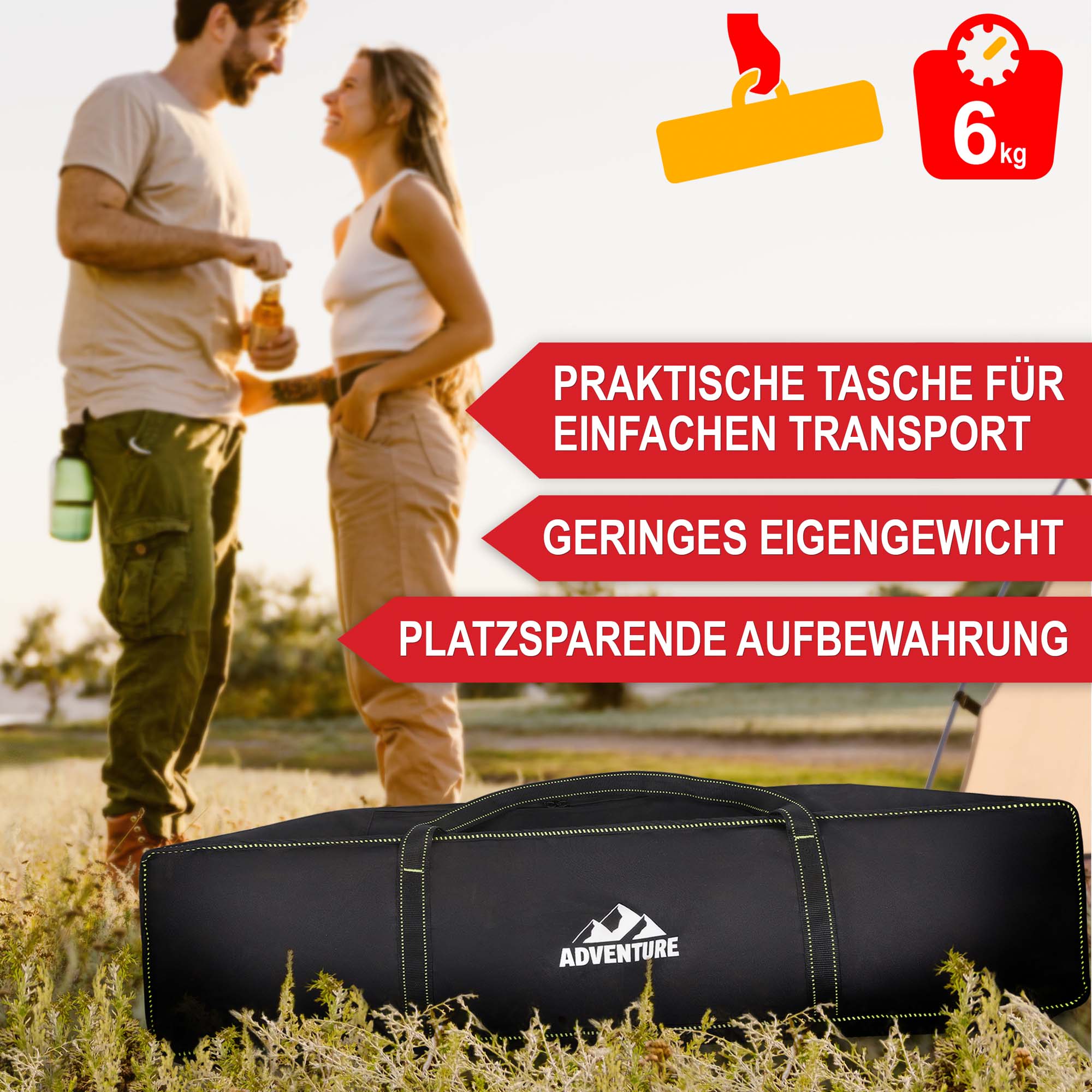 Platzsparende Aufbewahrung durch praktische Tasche für den einfachen Transport mit geringen Eigengewicht Camping-Stuhl Schwarz-Gruen 