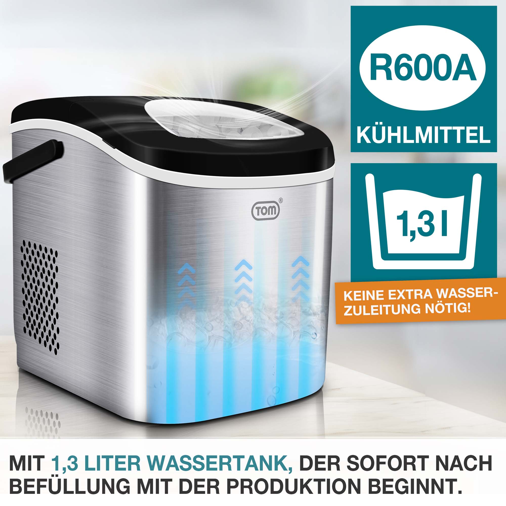 Eiswürfelmaschine IC-120 edelstahl – 1,3 Liter Wassertank – R600A Kühlmittel – Keine extra Wasserzuleitung nötig – Schnellstart der Produktion – Kompakte Bauweise – Effiziente Kühlung