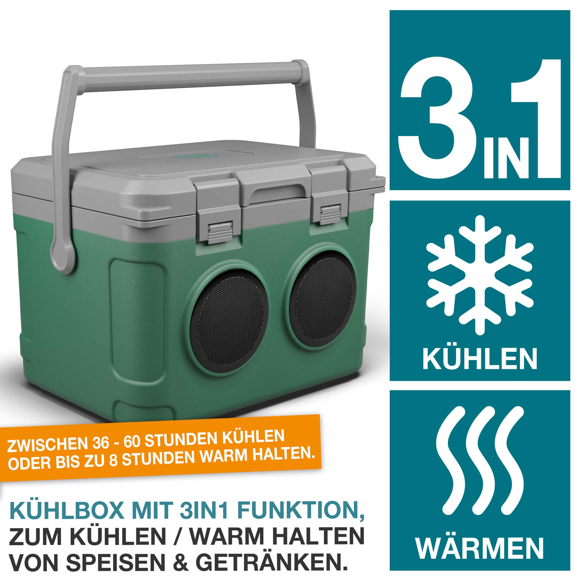 Kühlbox TOM gruen – Mit der 3-in-1 Funktion können Speisen und Getränke bis zu 60 Stunden kühlen - Perfekt für Camping Outdoor-Aktivitäten und Reisen – Mobile Kühlbox – Warmhaltebox – Outdoor-Kühlgerät – Reise-Kühlbox