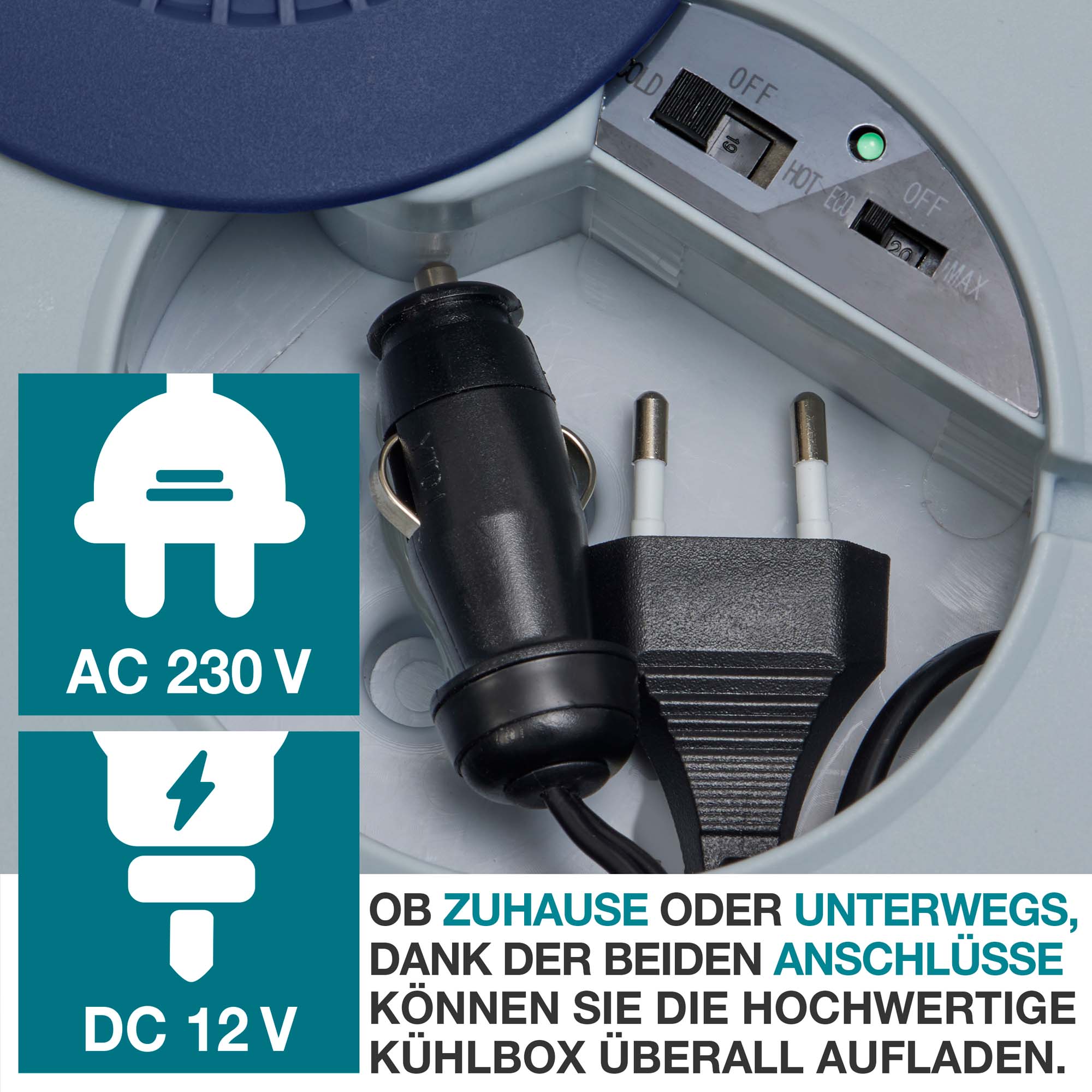 Flexibler Anschluss – Elektrische Kühlbox Blau 40L – 230V und 12V Anschlüsse für Zuhause und unterwegs – Ideal für Camping und Ausflüge – Robustes Design - Kühlbox blau