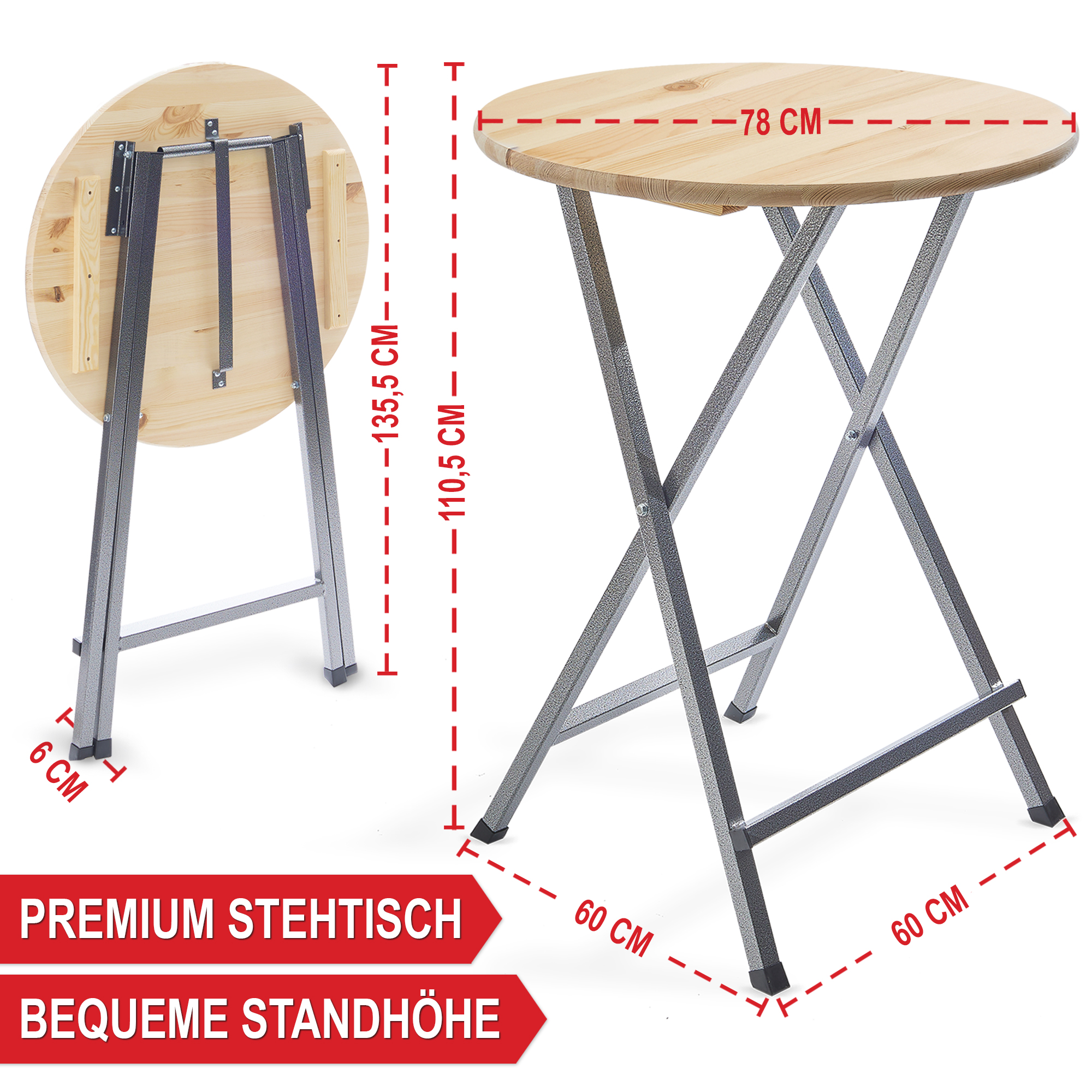 Stehtisch - Premium Stehtisch mit bequemer Standhöhe - 78 cm Durchmesser - 135,5 cm Höhe - Klapptisch - Partytisch - Eventtisch