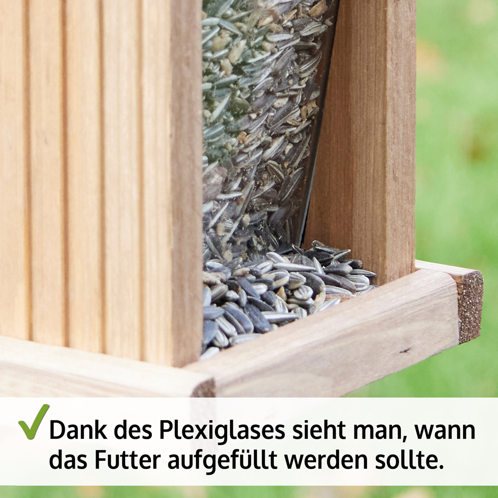 Holz-Vogelfutterspender mit Plexiglas-Seiten durch die sichtbar ist wann das Futter aufgefüllt werden sollte